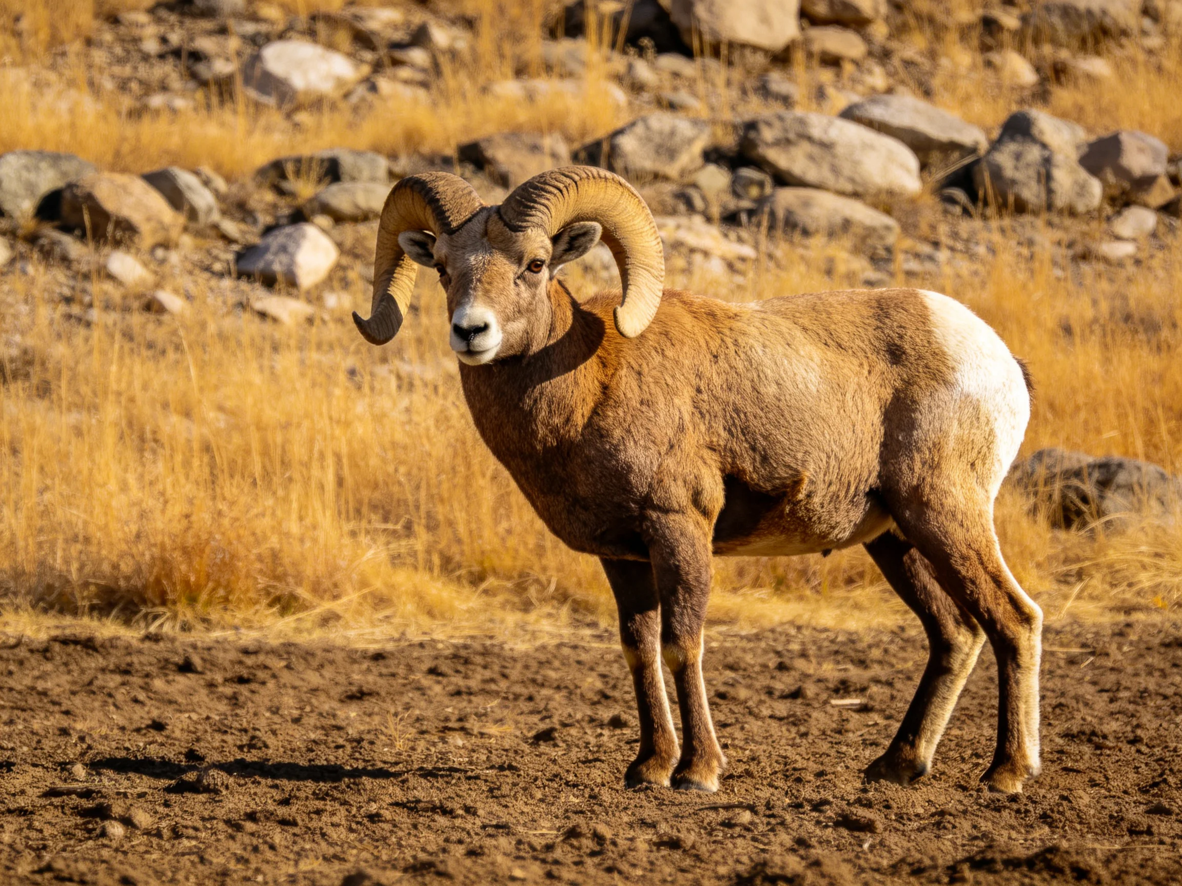 A large brown bighorn sheep stands near rocky, dry terrain