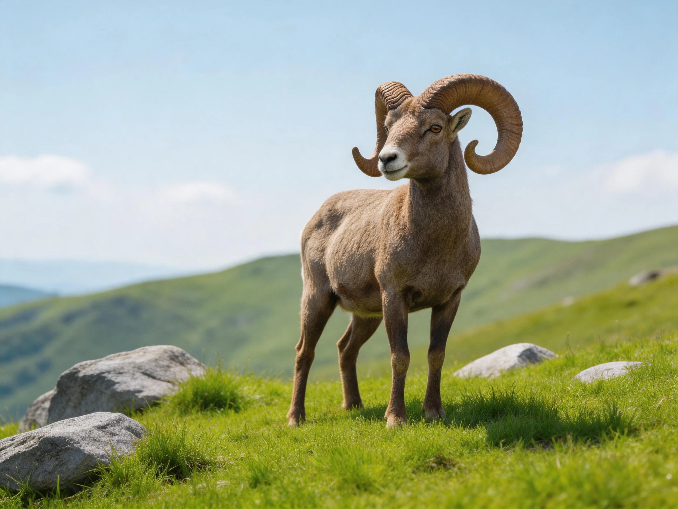 A large brown bighorn sheep stands on a lush green hillside near gray rocks
