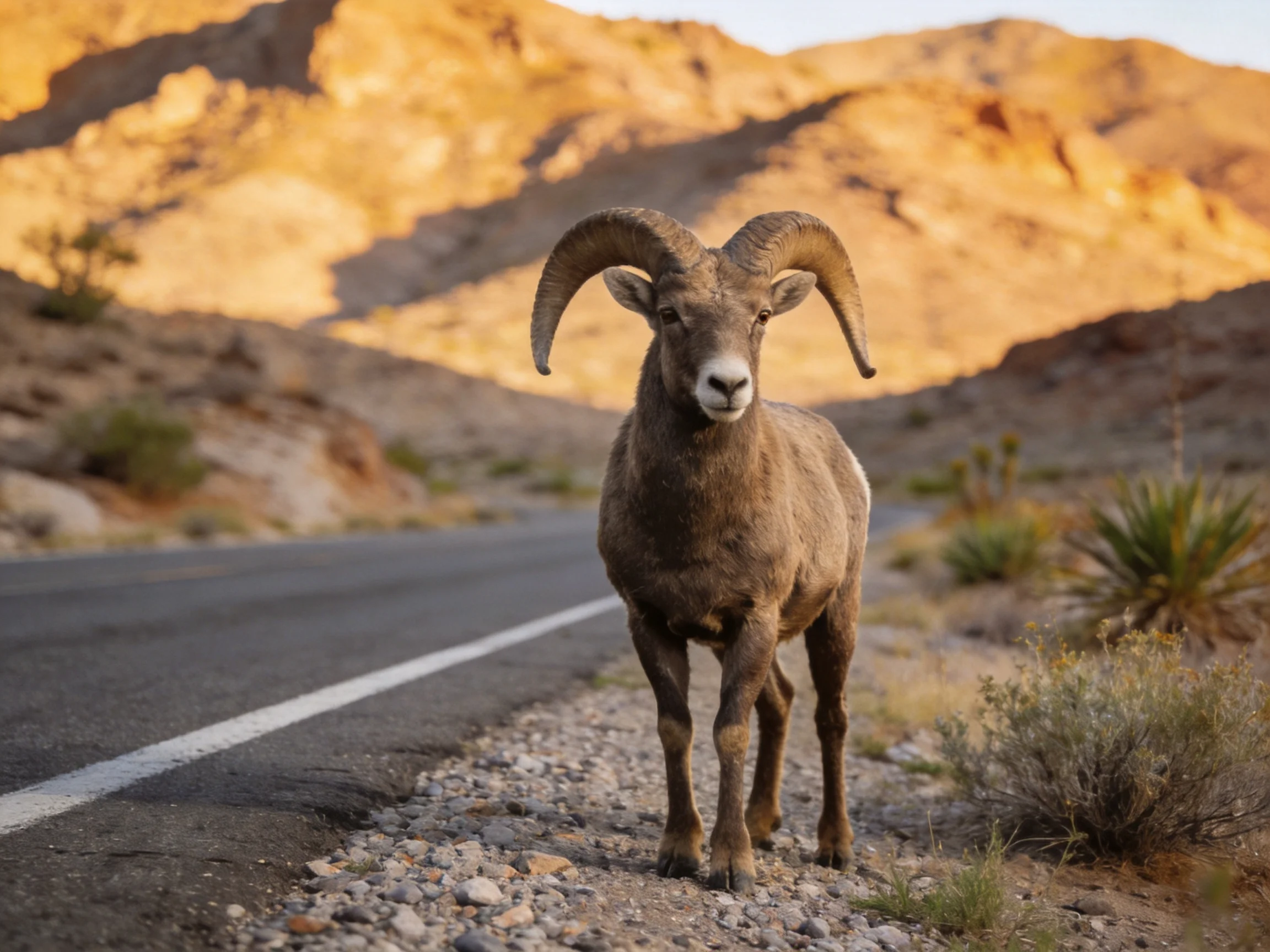 A large brown bighorn sheep stands on desert roadway