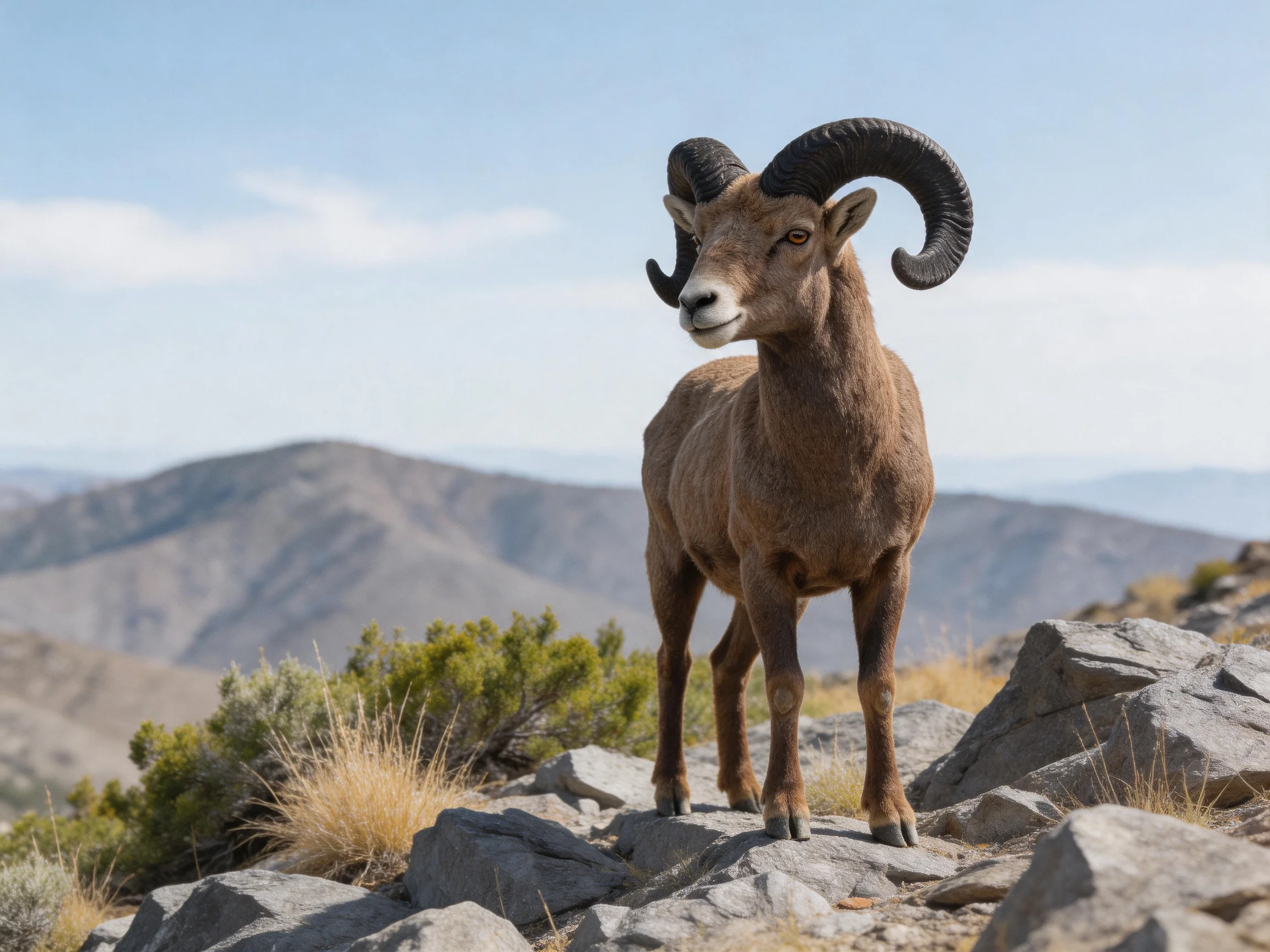 A large brown bighorn sheep stands on rocky mountain rocks