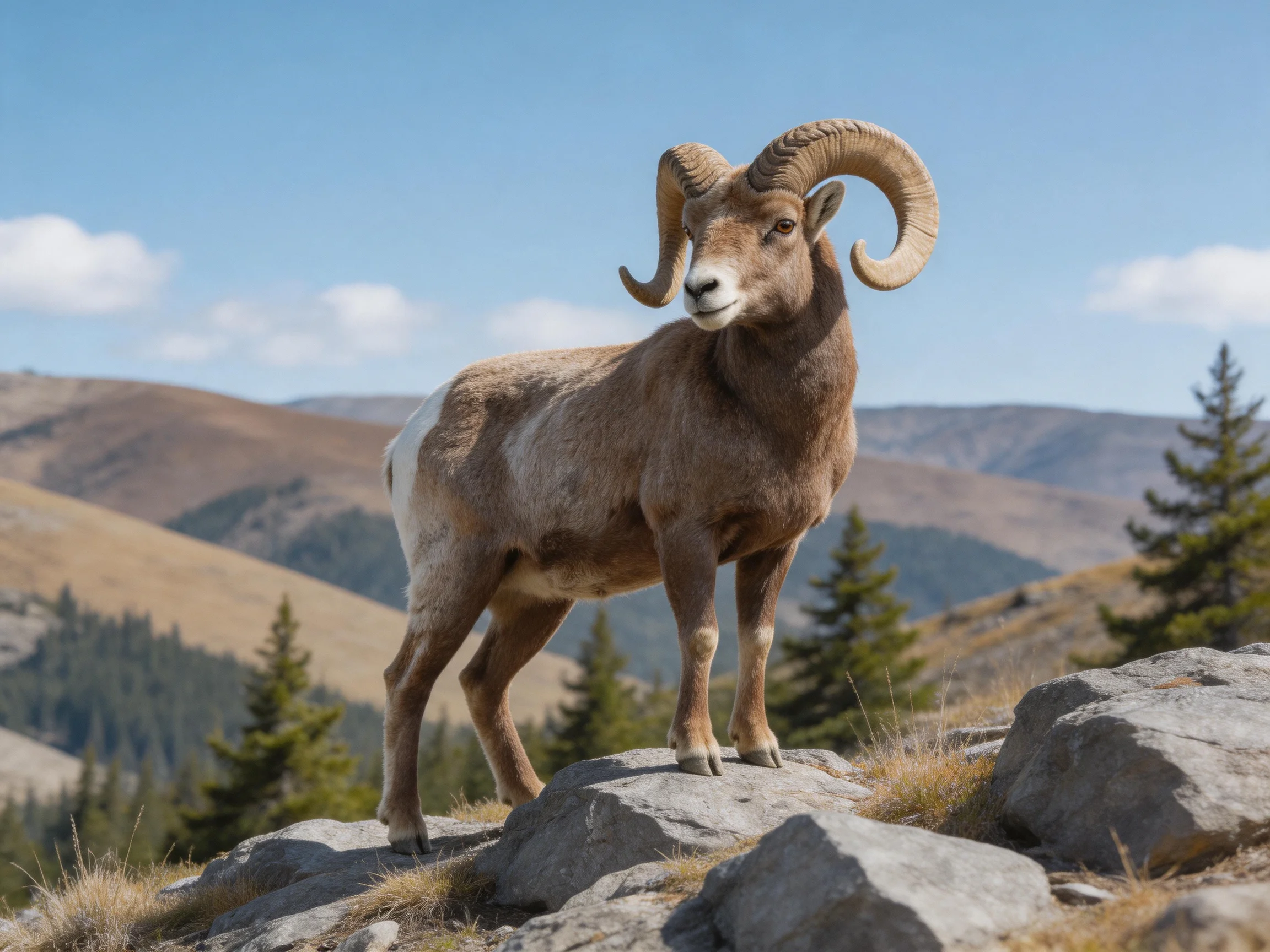 A large brown bighorn sheep stands on rocky terrain