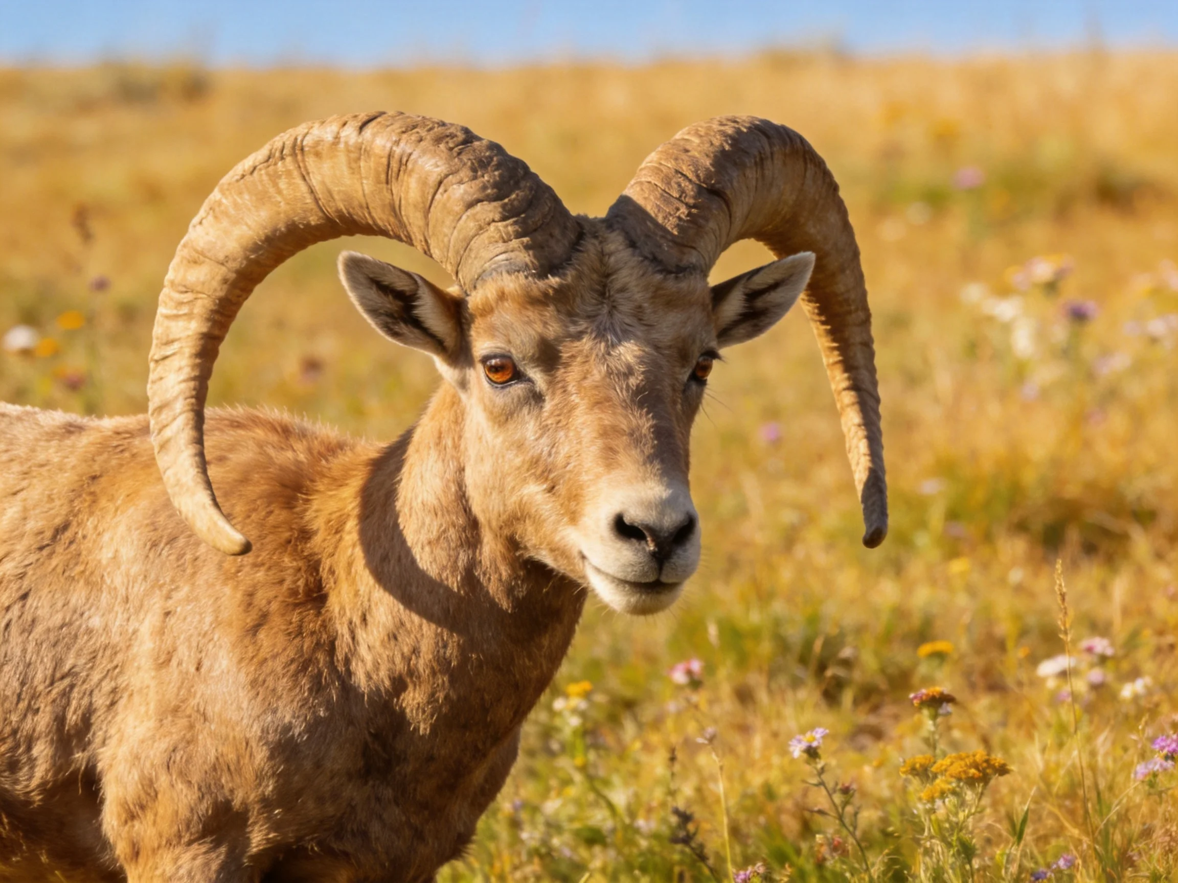 A large brown bighorn sheep with curved horns in a golden meadow
