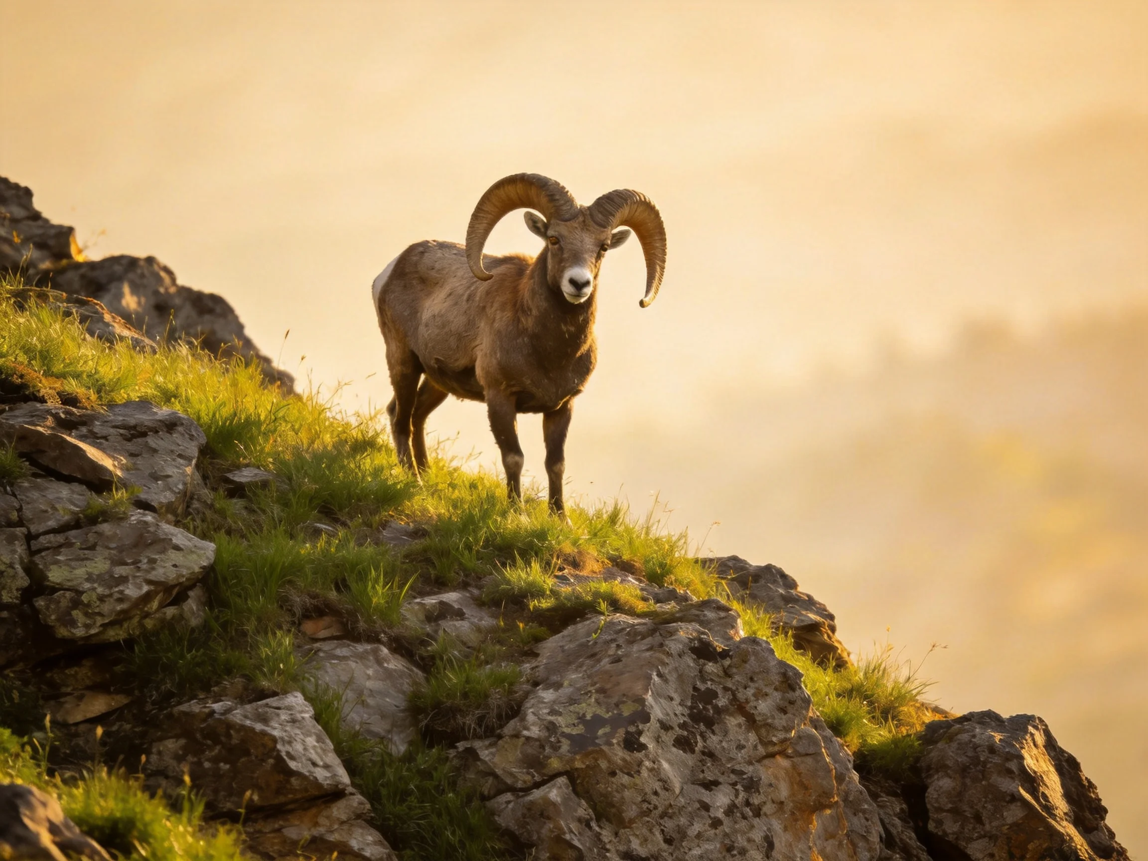 A large brown ram on rocky, grassy cliffs