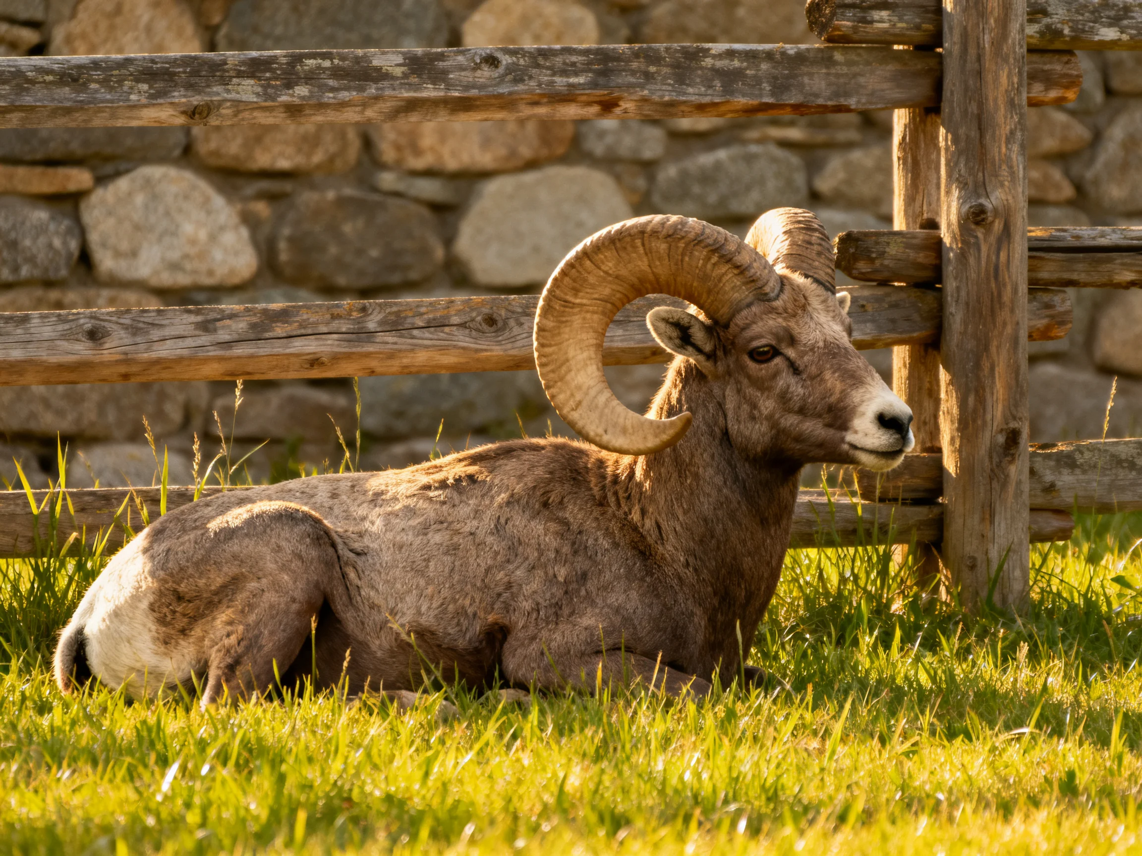 A large brown ram rests near a wooden fence with a stone wall backdrop