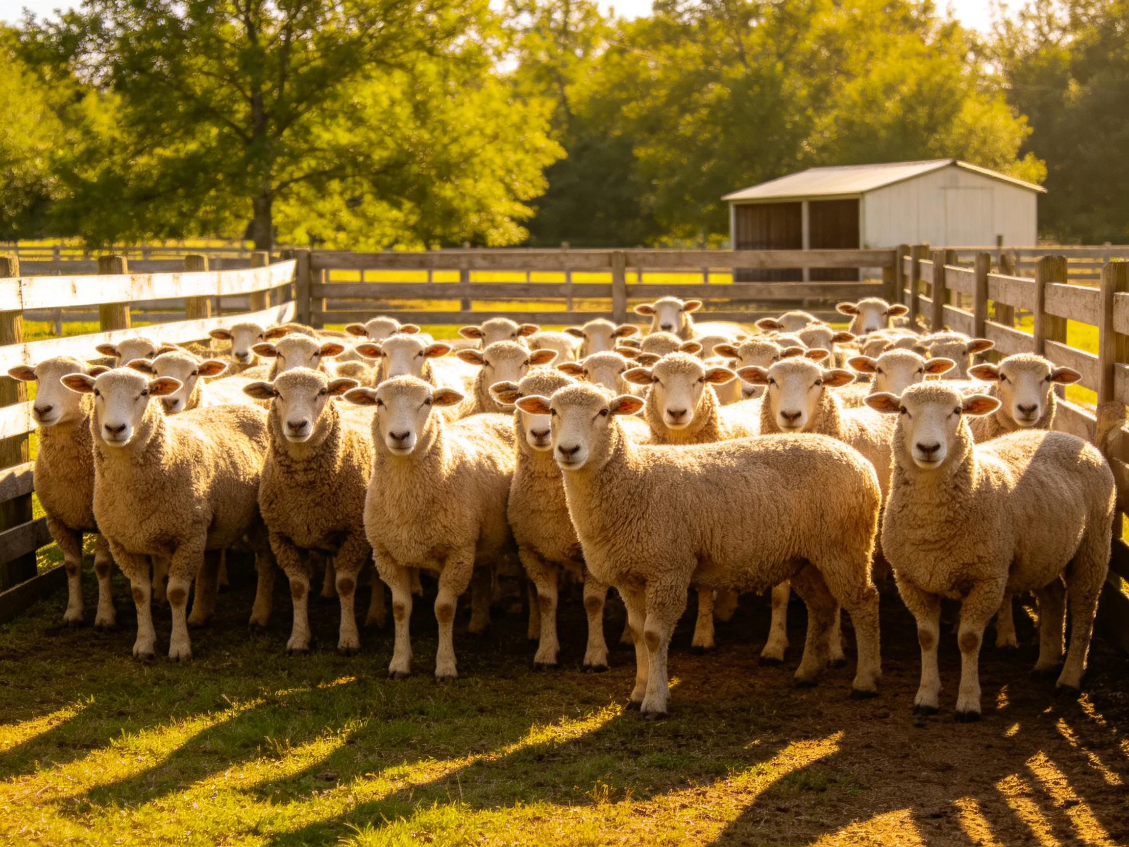 A large flock of cream-colored sheep in a wooden farm enclosure
