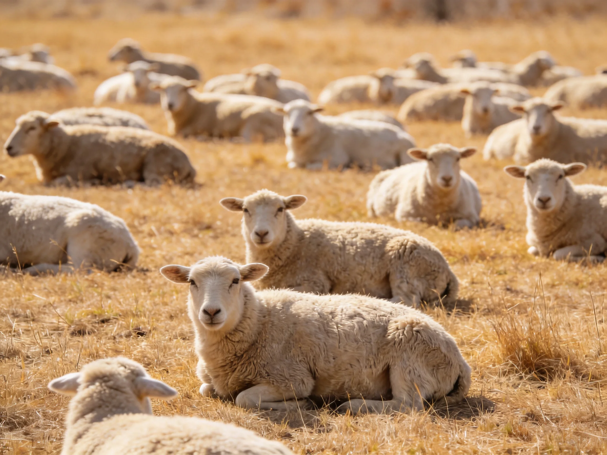 A large flock of cream-colored sheep rests in golden-brown grass