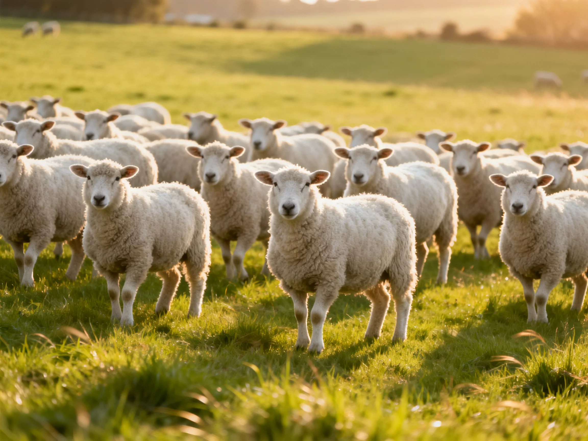 A large flock of fluffy white lambs in a sunlit green pasture