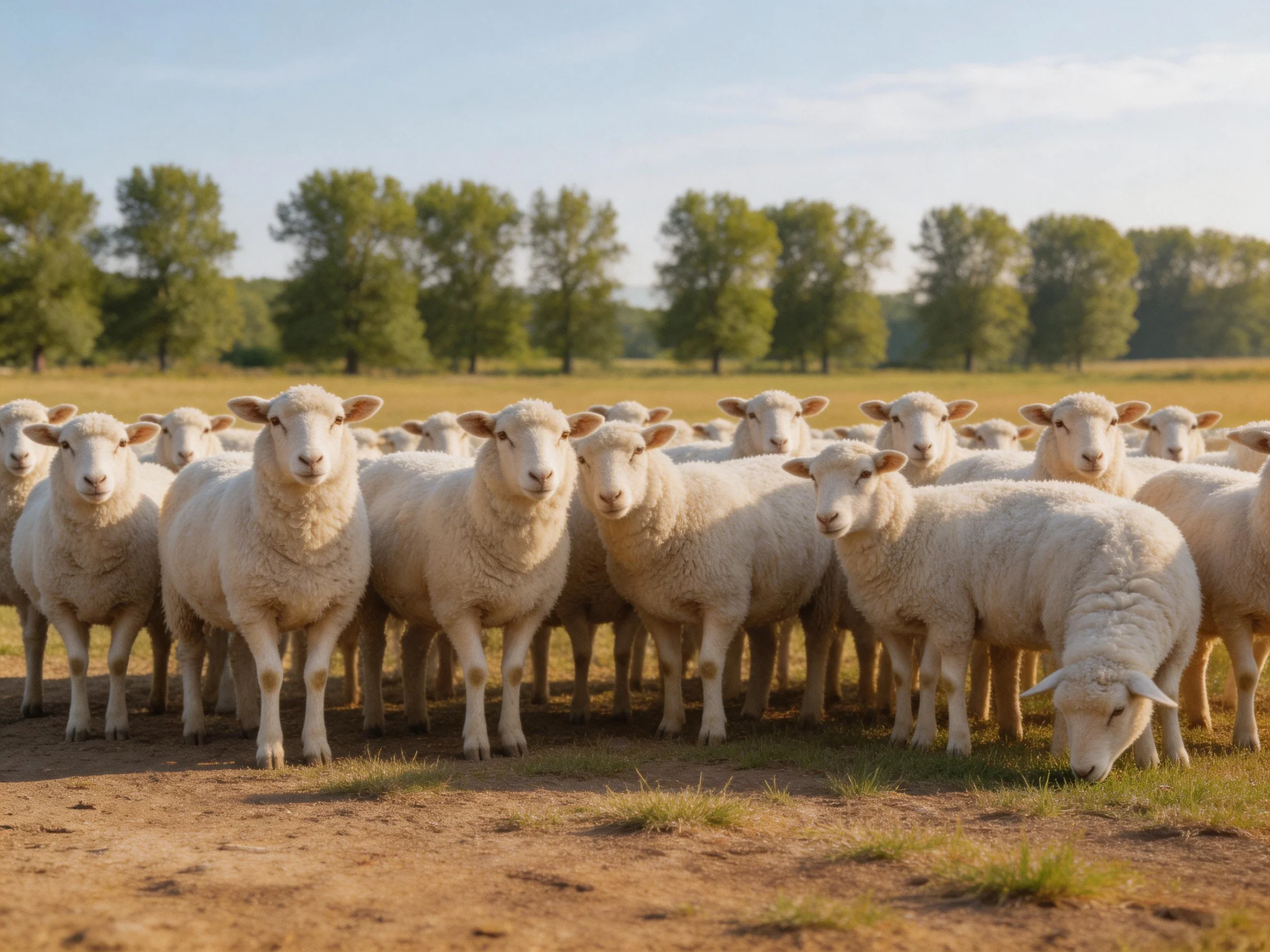 A large group of white sheep gathers peacefully in a sunlit pasture.