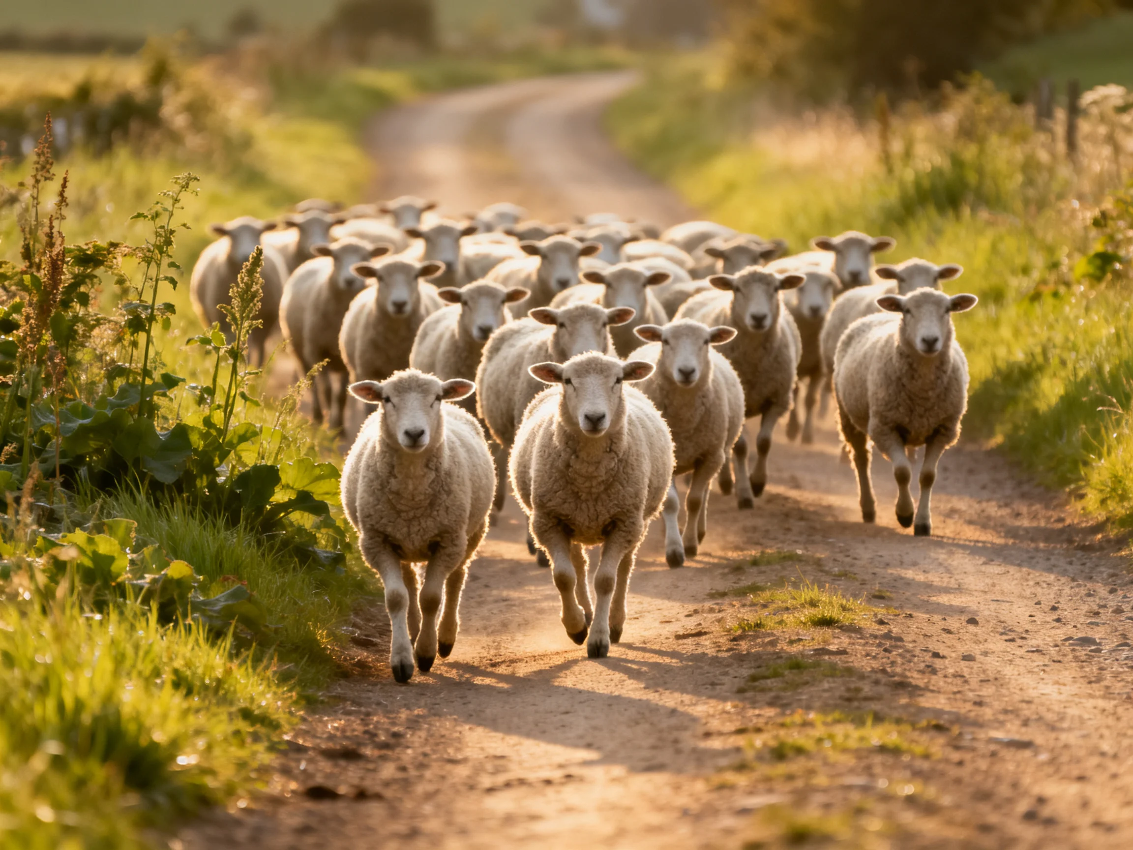 A large group of sheep runs toward the viewer on a sunlit dirt road.