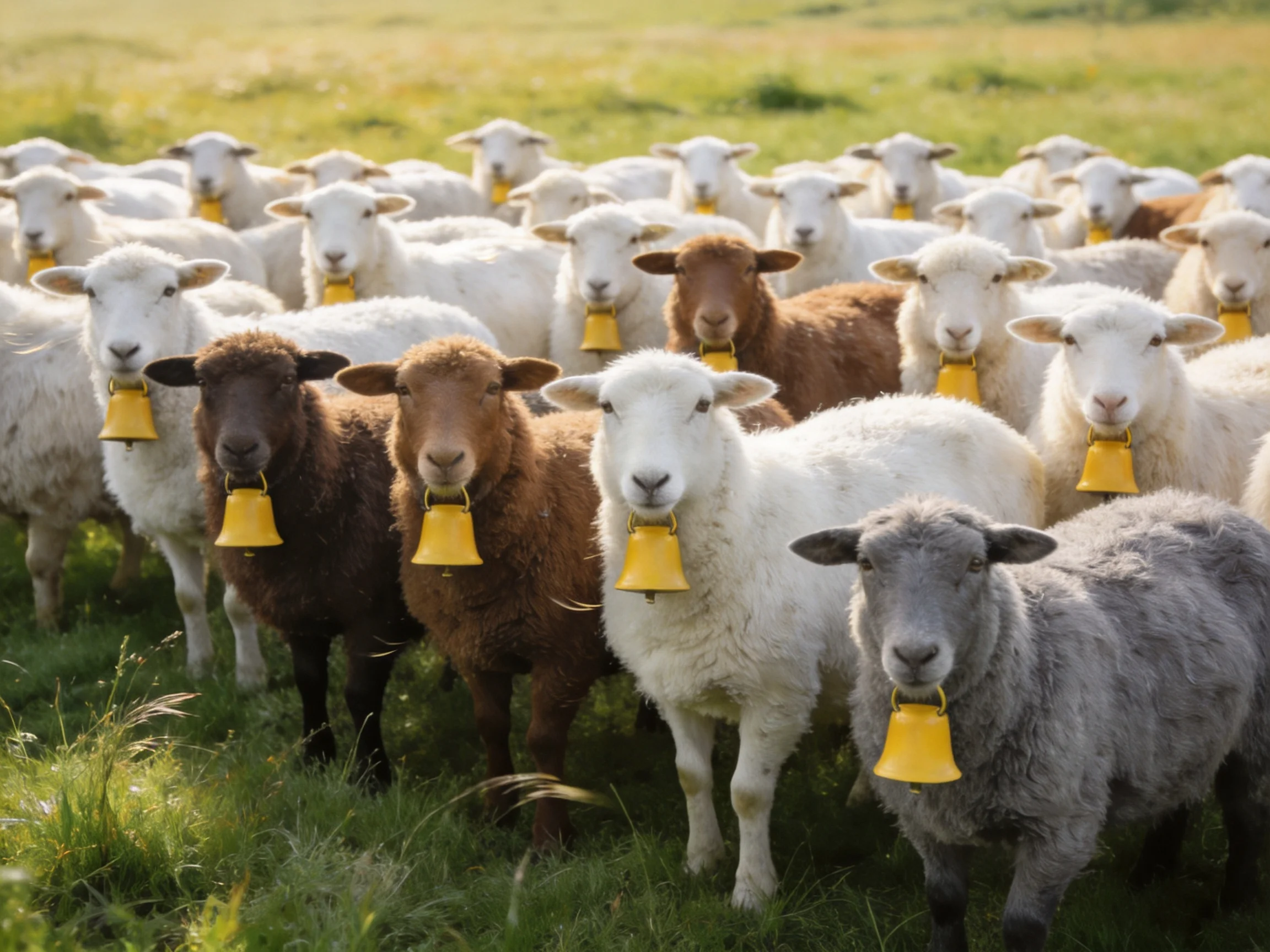A large flock of multicolored sheep with yellow bells in a lush green field