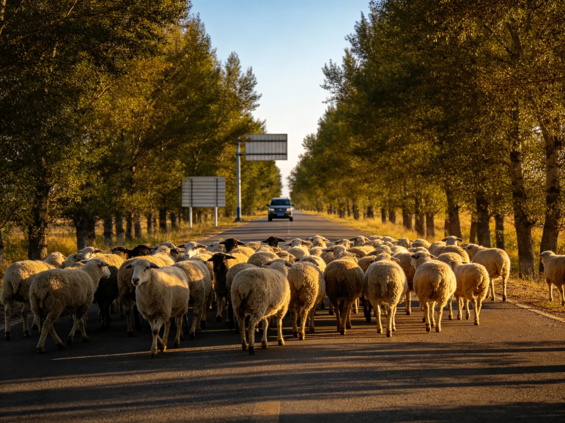 A large flock of sheep crosses a tree-lined rural road