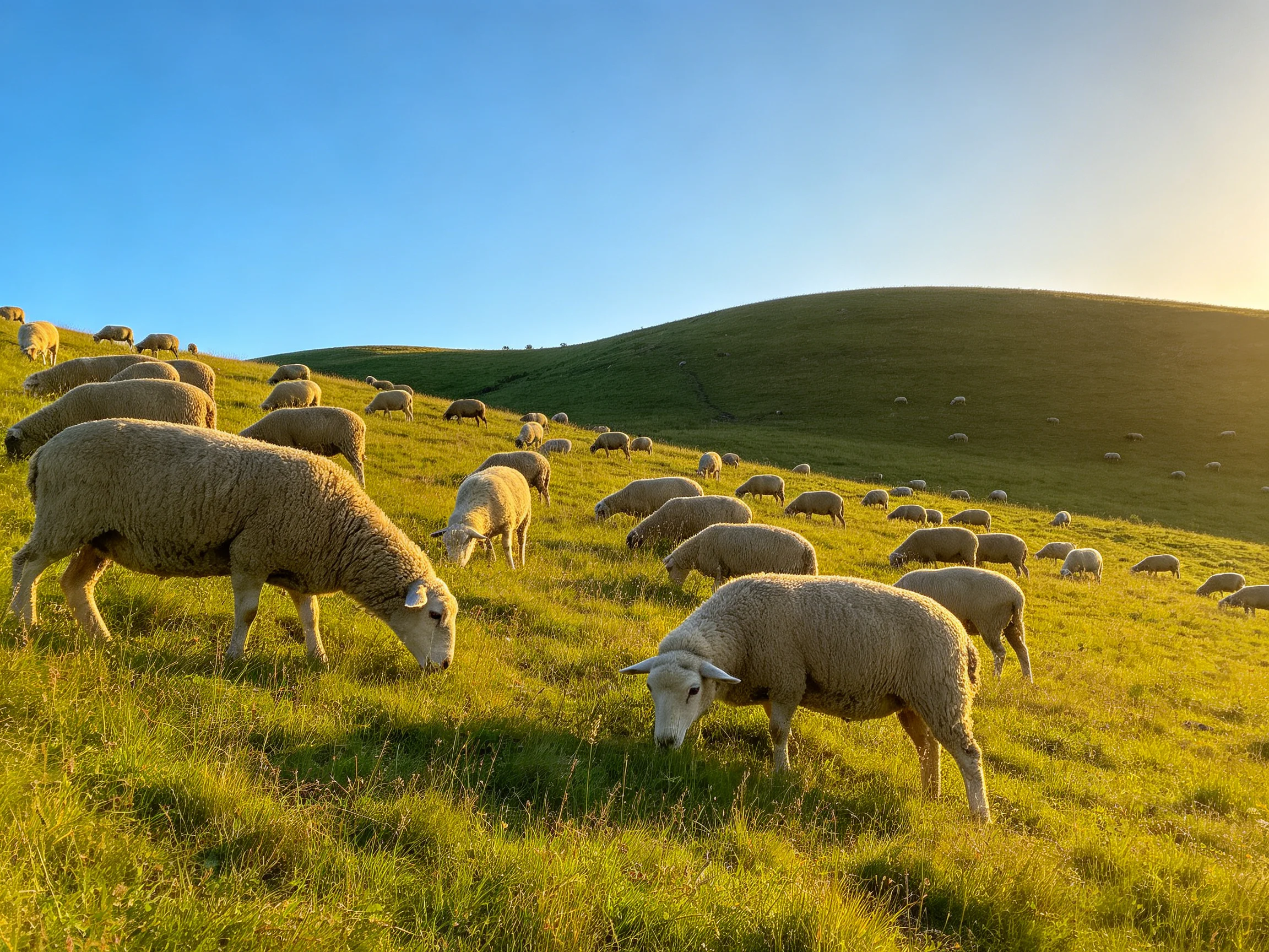 A large flock of sheep grazes on a sun-drenched green hillside