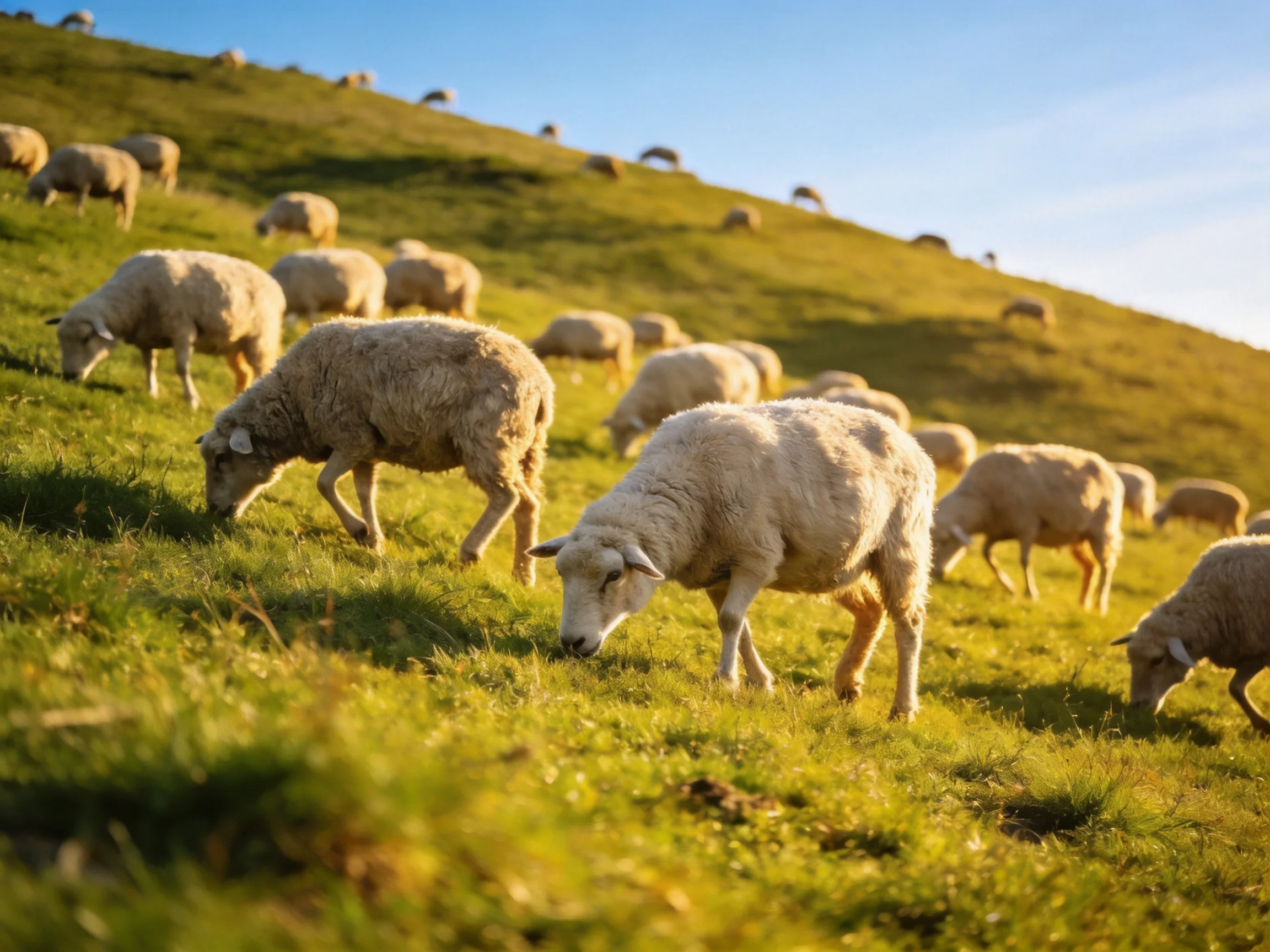 A large flock of sheep grazes on a sunlit green hillside