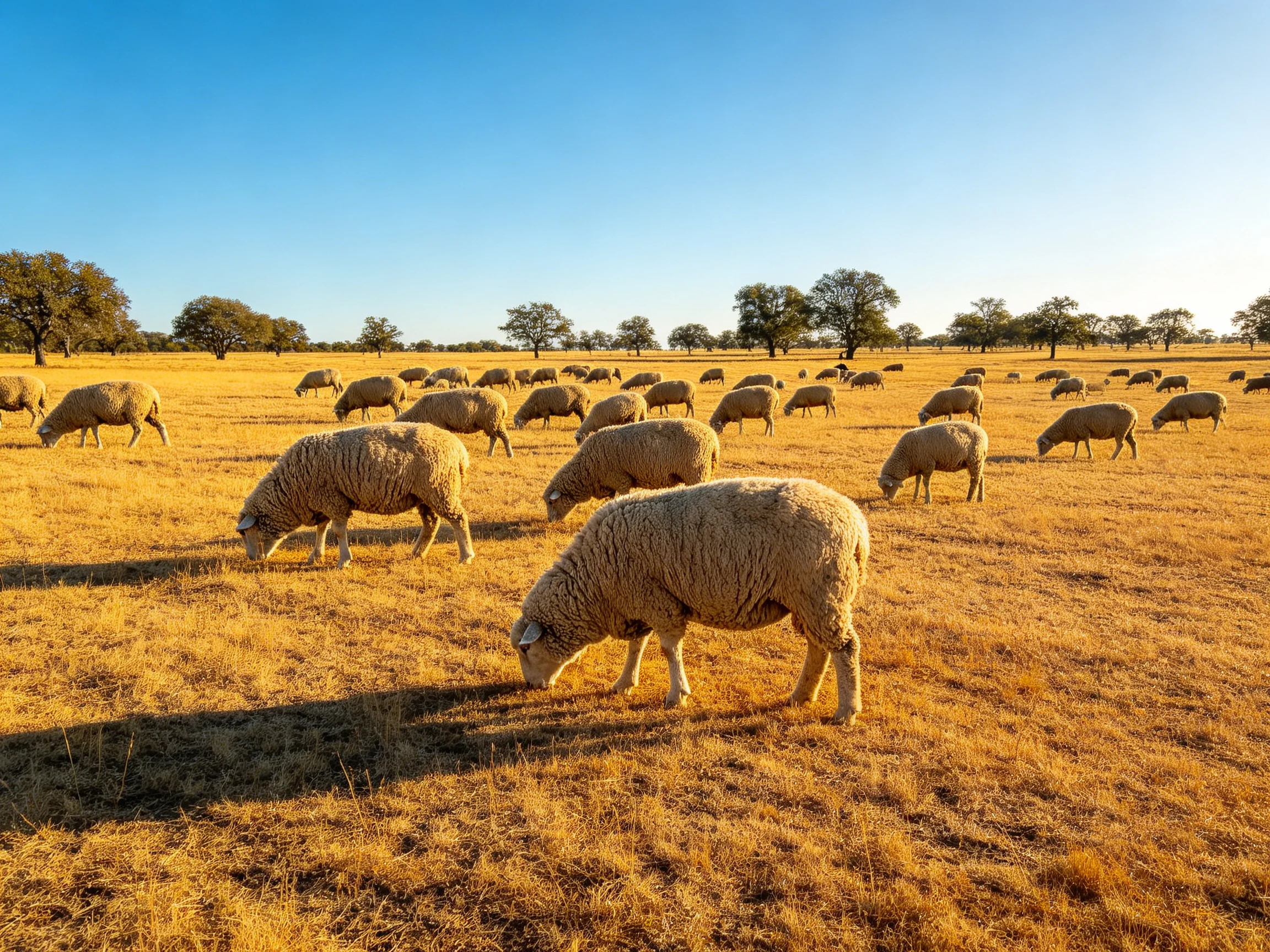 A large flock of sheep grazing in a golden field with clear skies