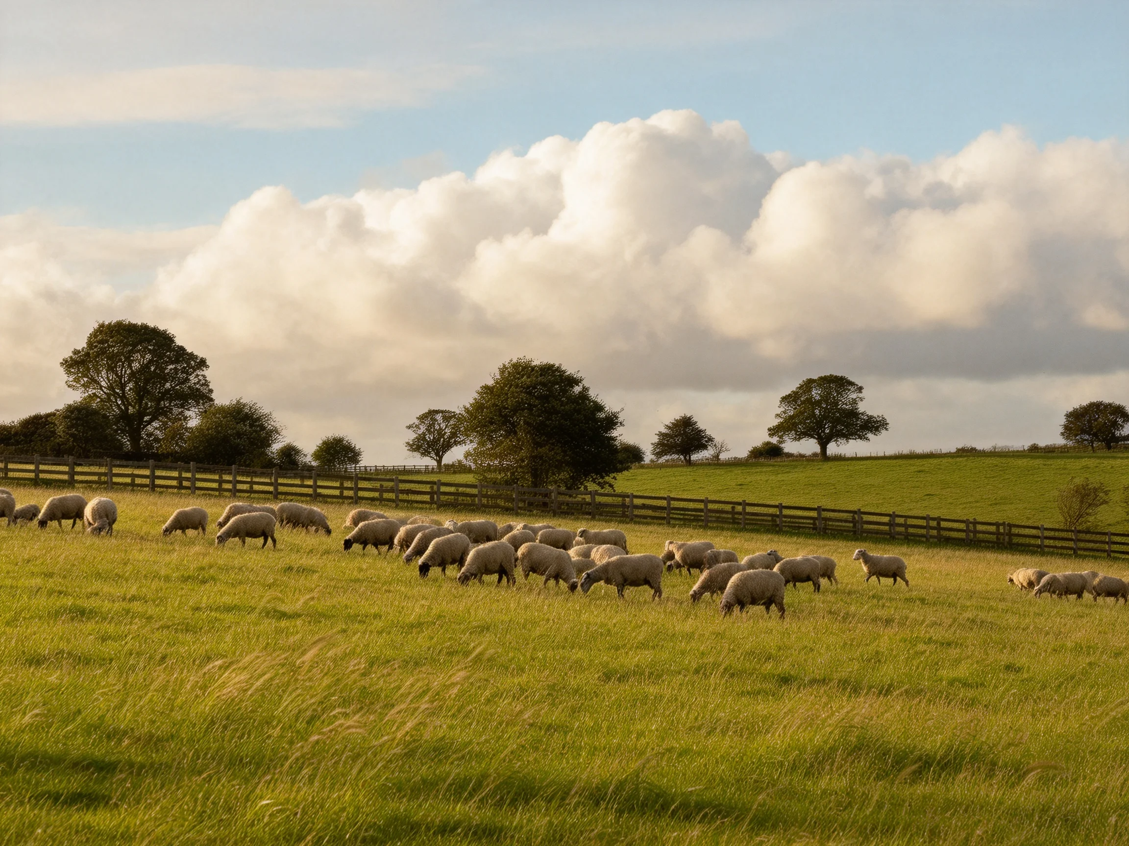 A flock of sheep grazes in a green pasture with wooden fences and trees.
