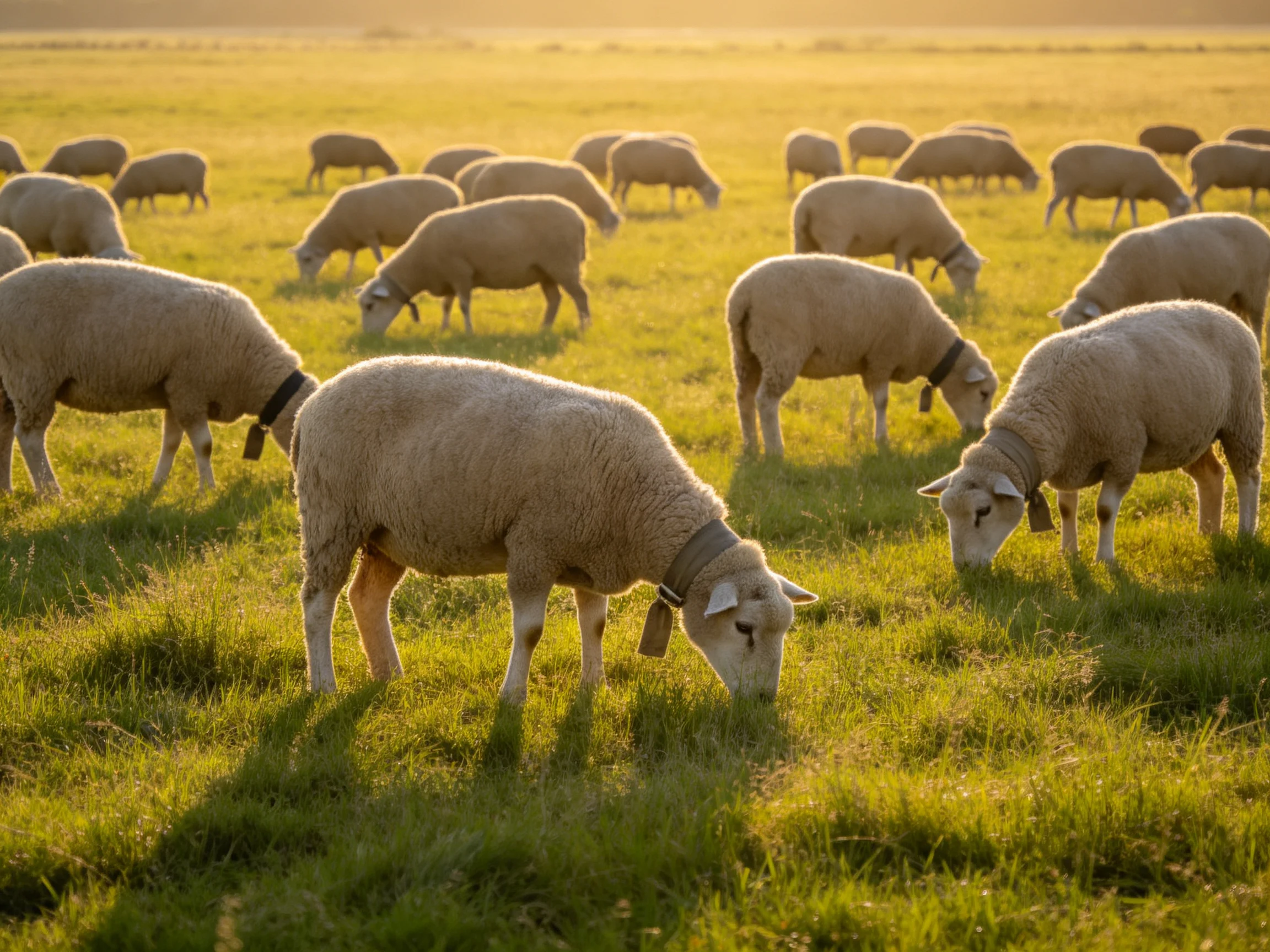 A large flock of sheep grazing in a sun-drenched green meadow