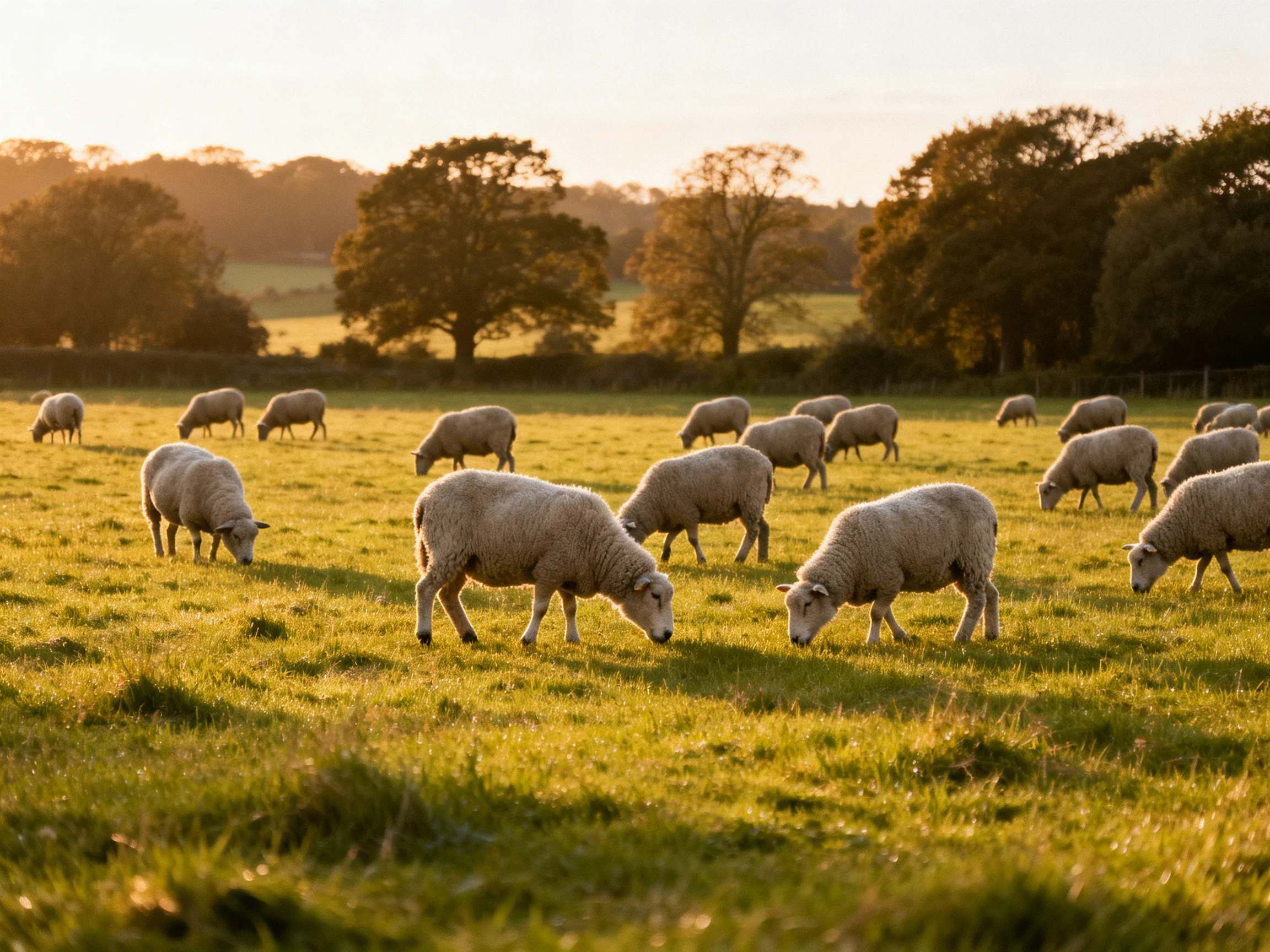 A large flock of sheep grazing in a sunlit green pasture