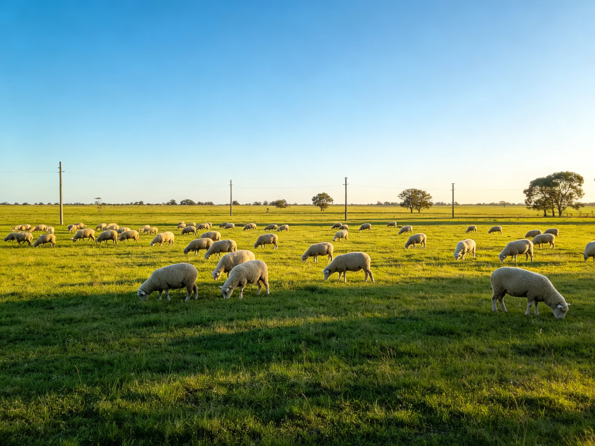 A large flock of sheep grazing in a vast green pasture under clear blue skies