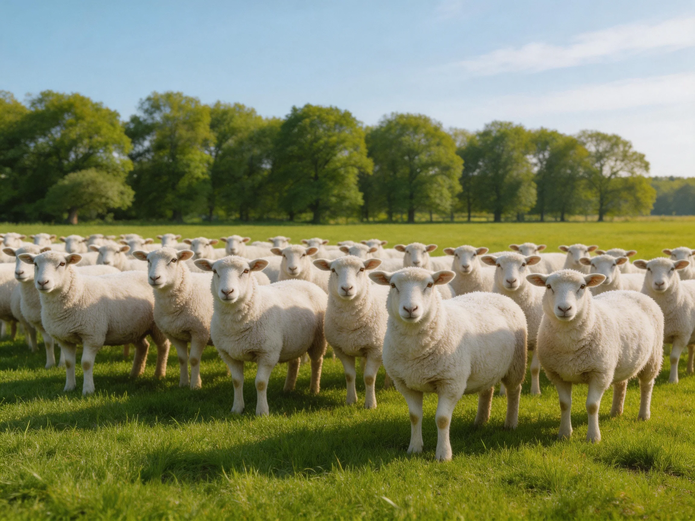 Sheep gather in a sunlit green meadow with trees in the background