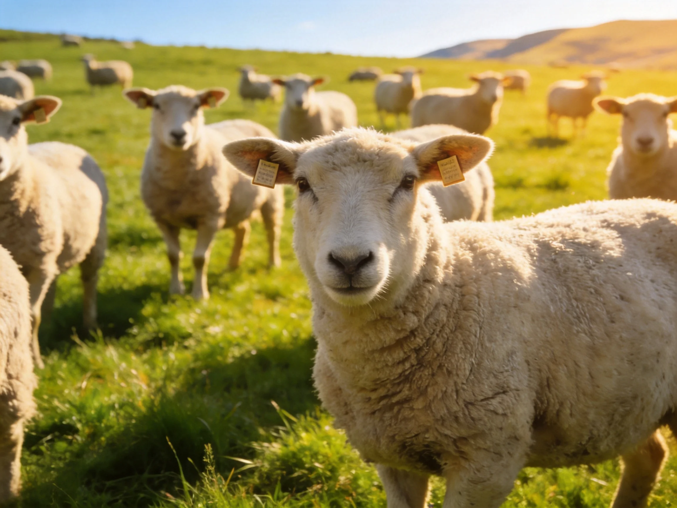 Multiple sheep gather in a bright, grassy field under sunny conditions.