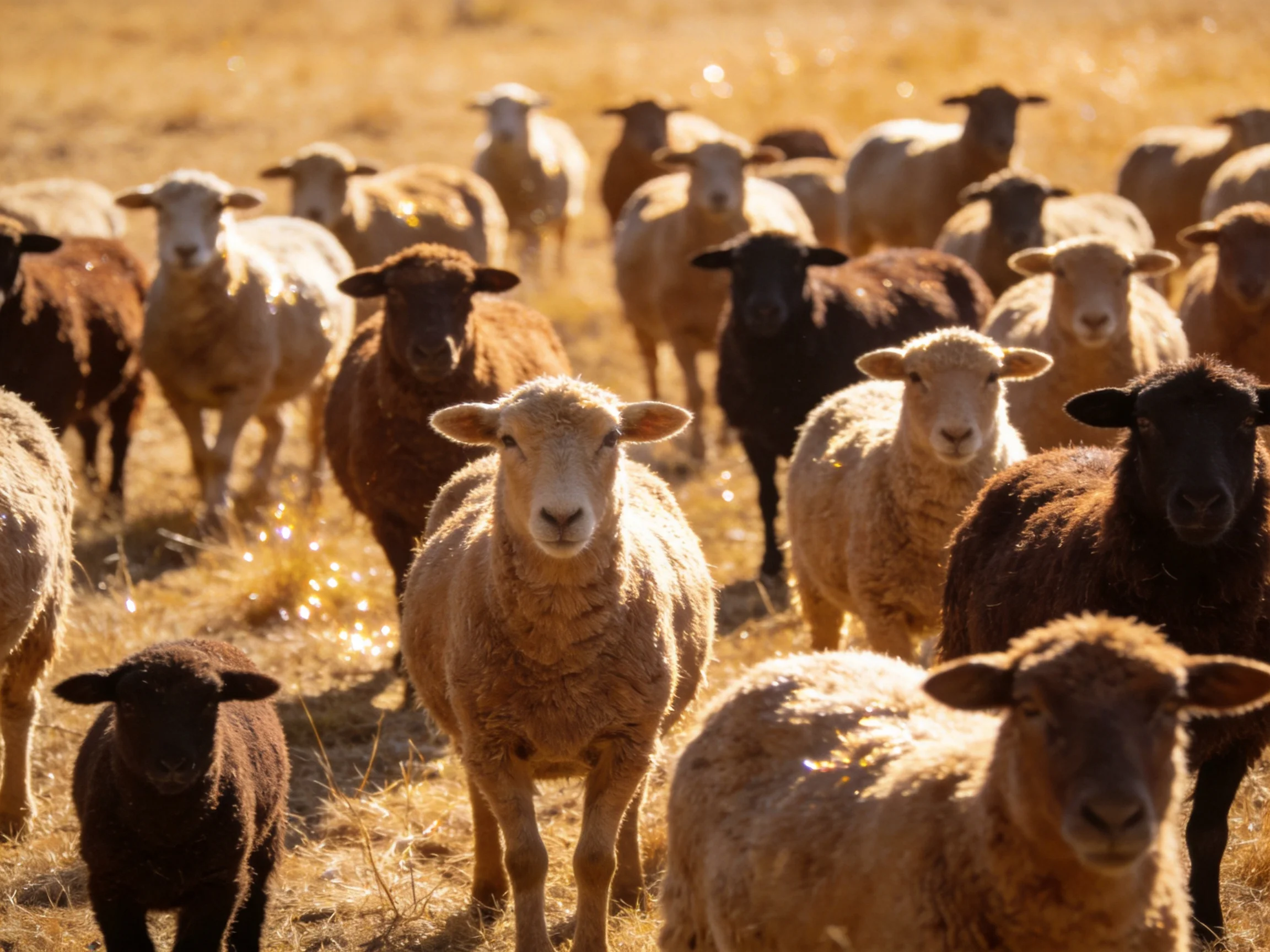 A large flock of sheep in varied colors under sunny skies