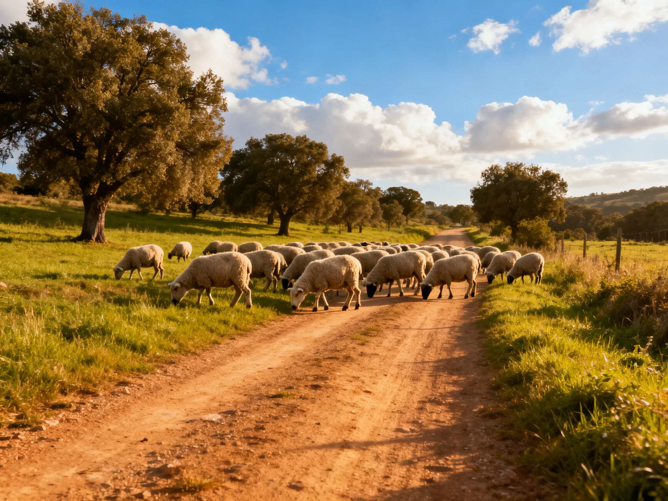 A large flock of sheep on a sun-drenched rural dirt road