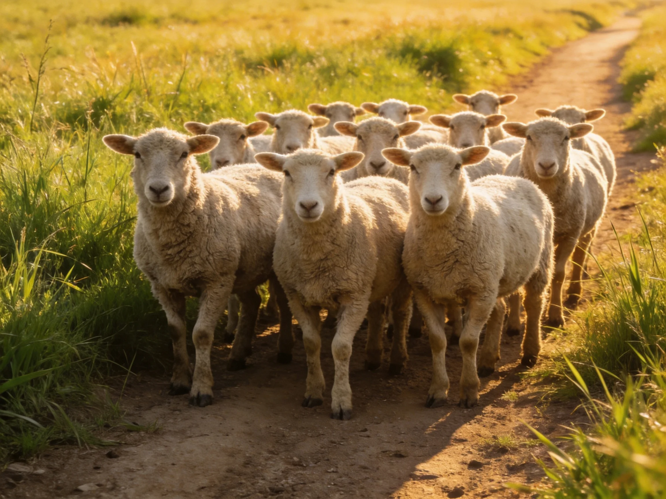 A large flock of sheep on a sunlit dirt path