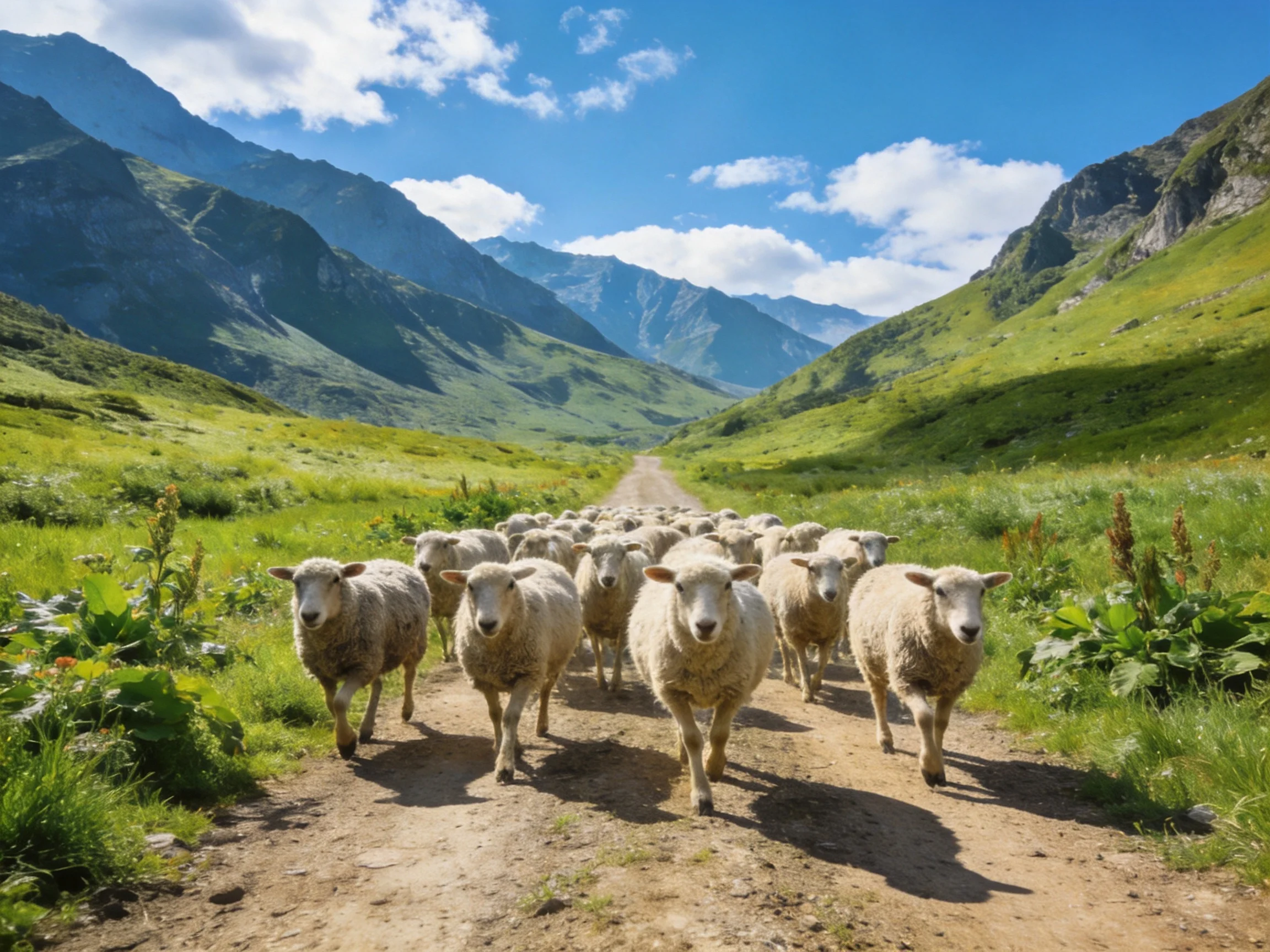 A large flock of sheep walks down a mountain valley dirt path