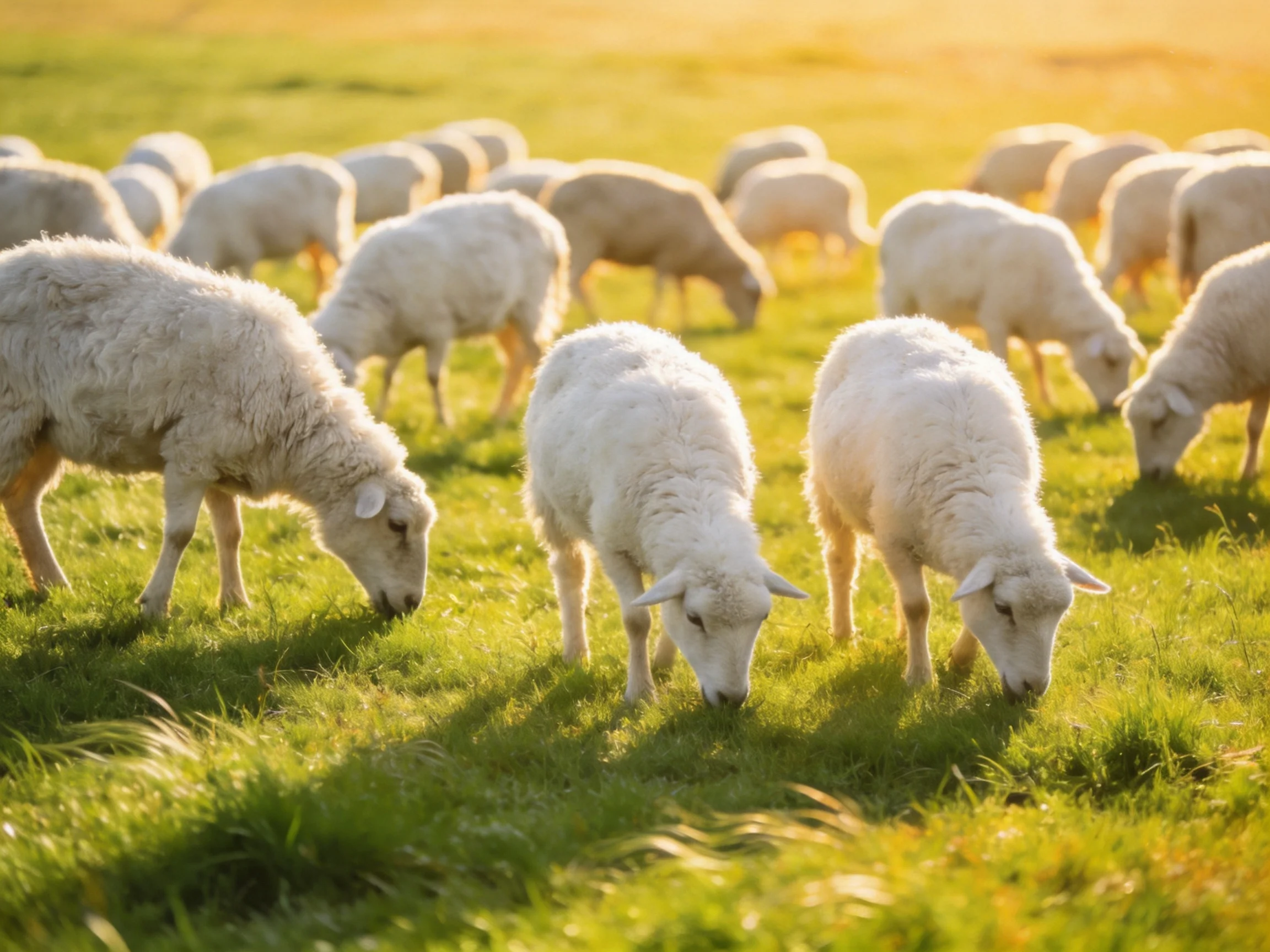 A large flock of white lambs grazing in a sunlit green pasture