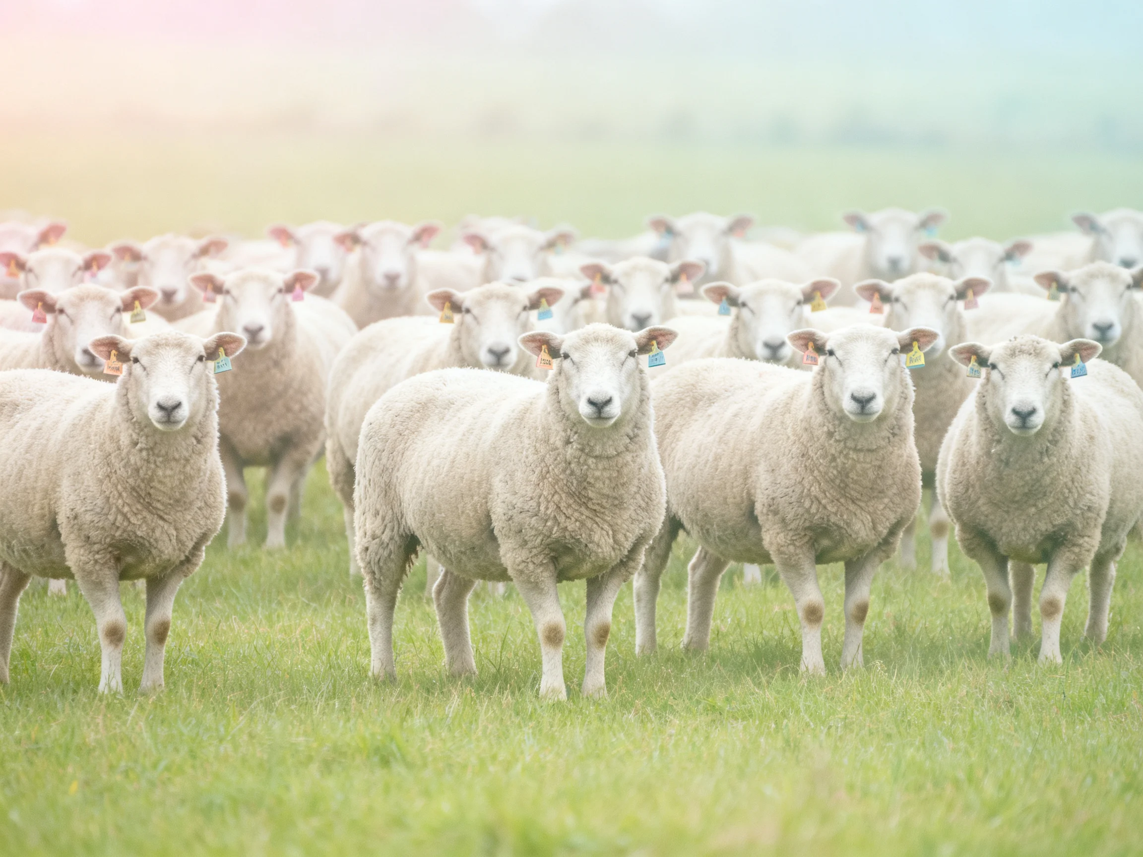 A large flock of white sheep gathered in a lush green pasture
