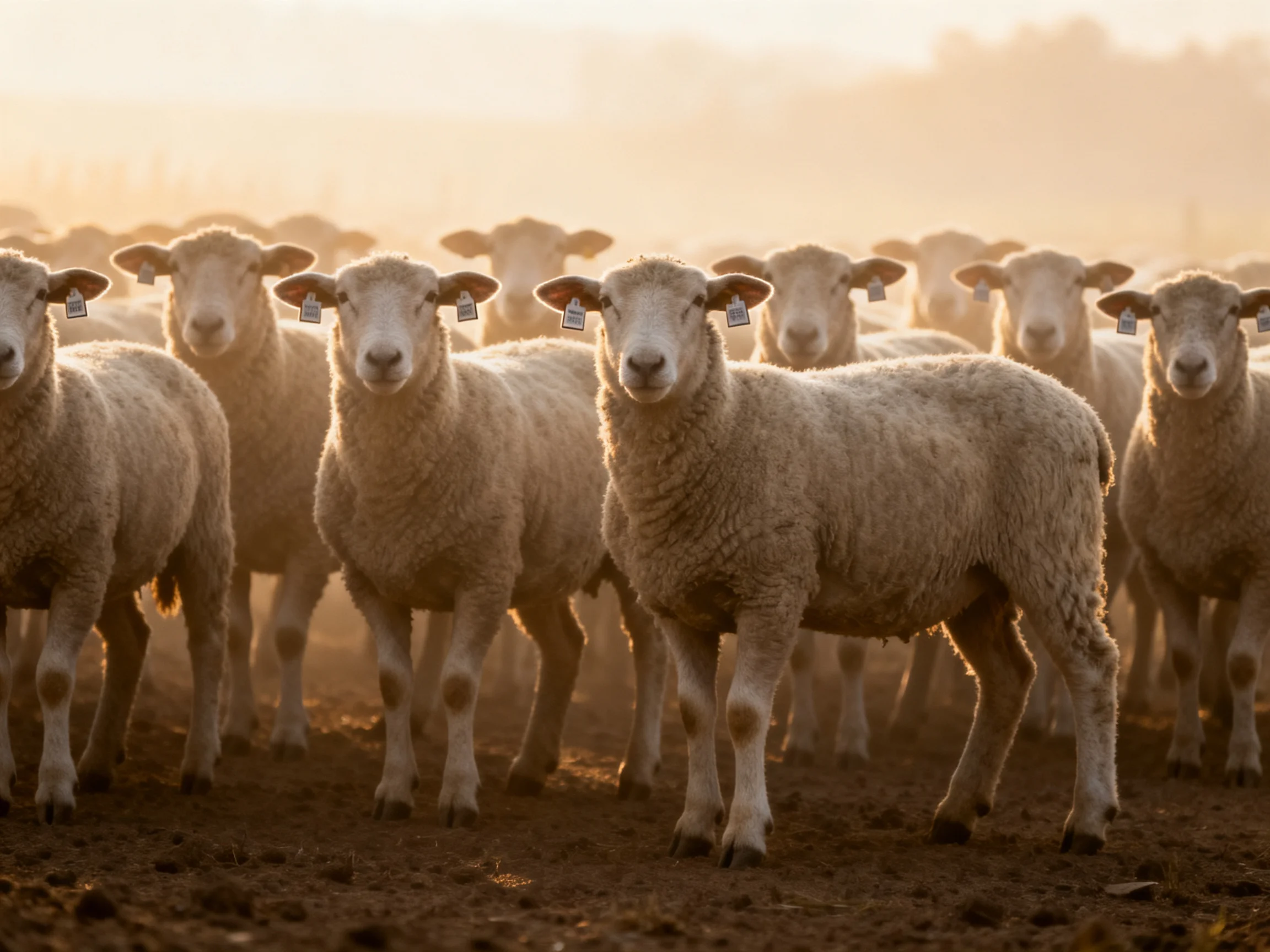 A large flock of white sheep gathered in golden morning light