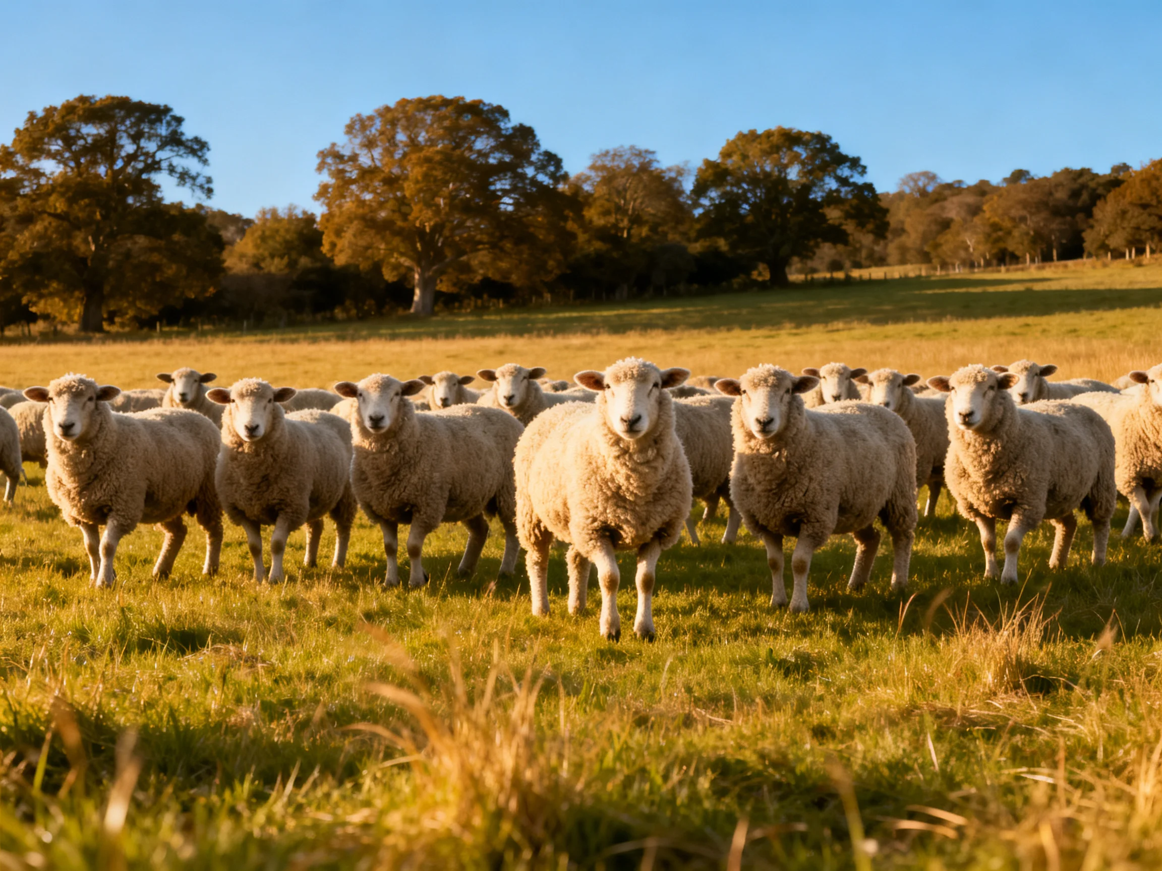 A large flock of white sheep gathers in golden pasture near brown-tinted trees
