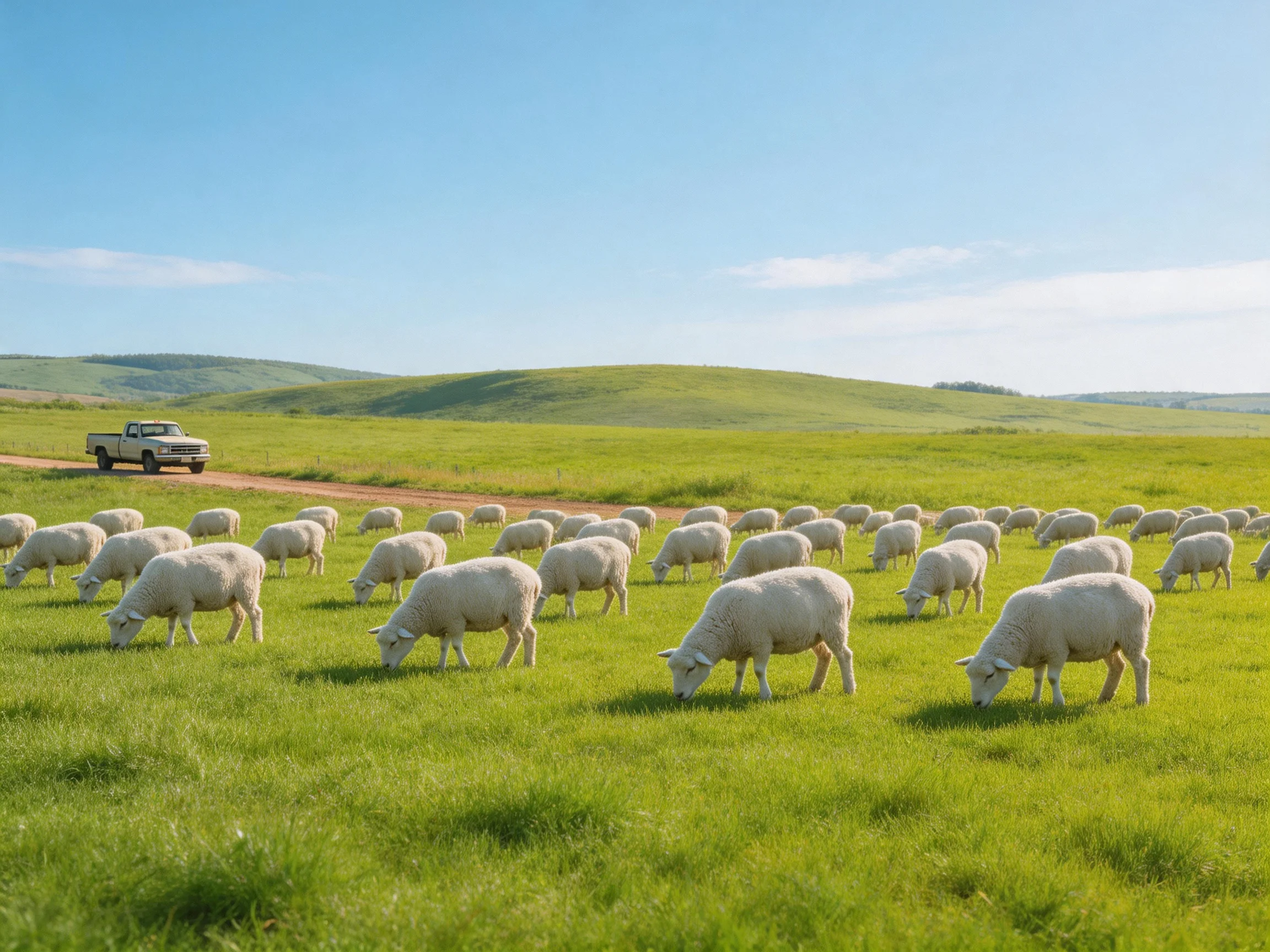 A large flock of white sheep graze in a vast green pasture