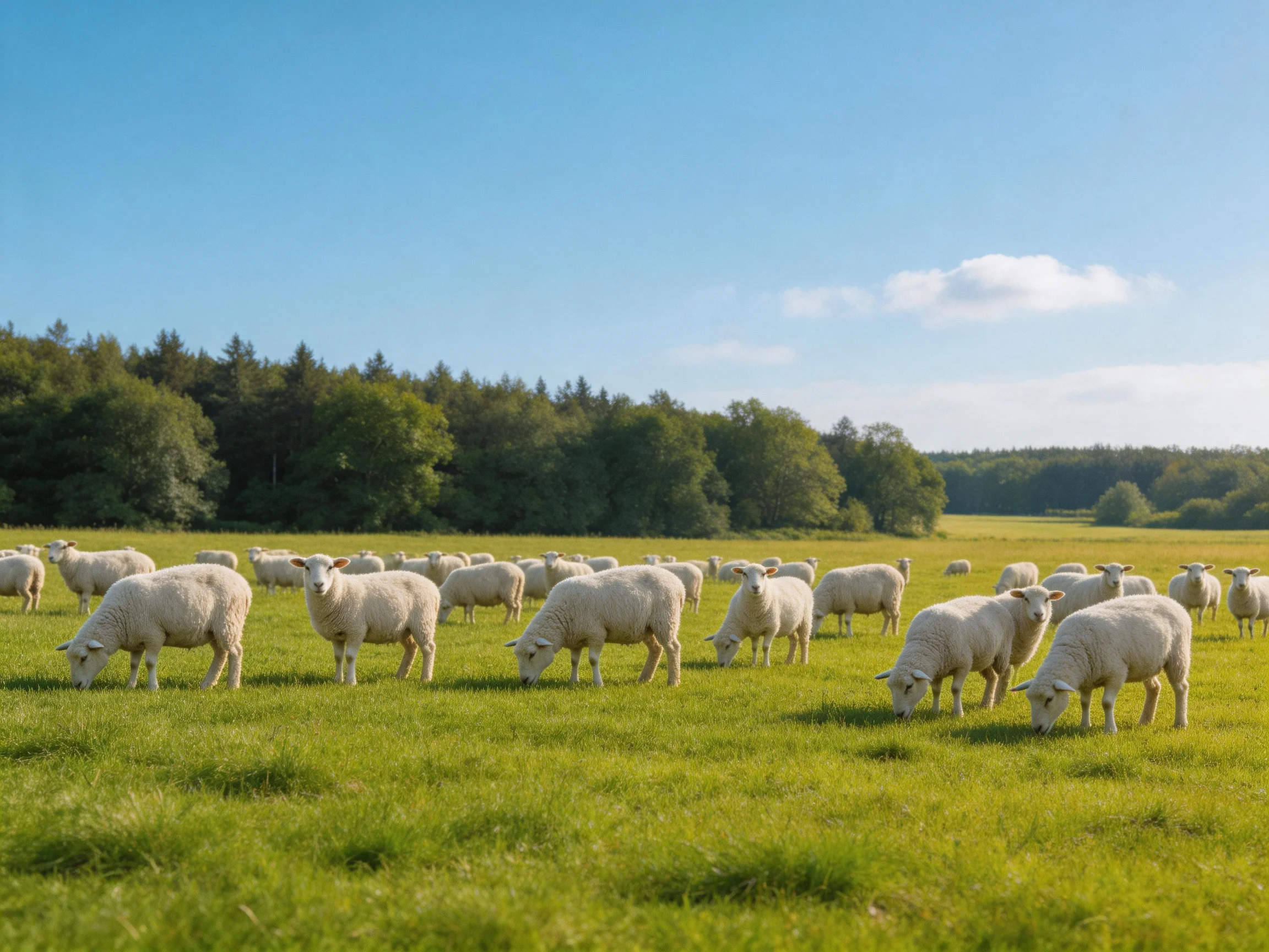 A large flock of white sheep grazes in a lush green meadow