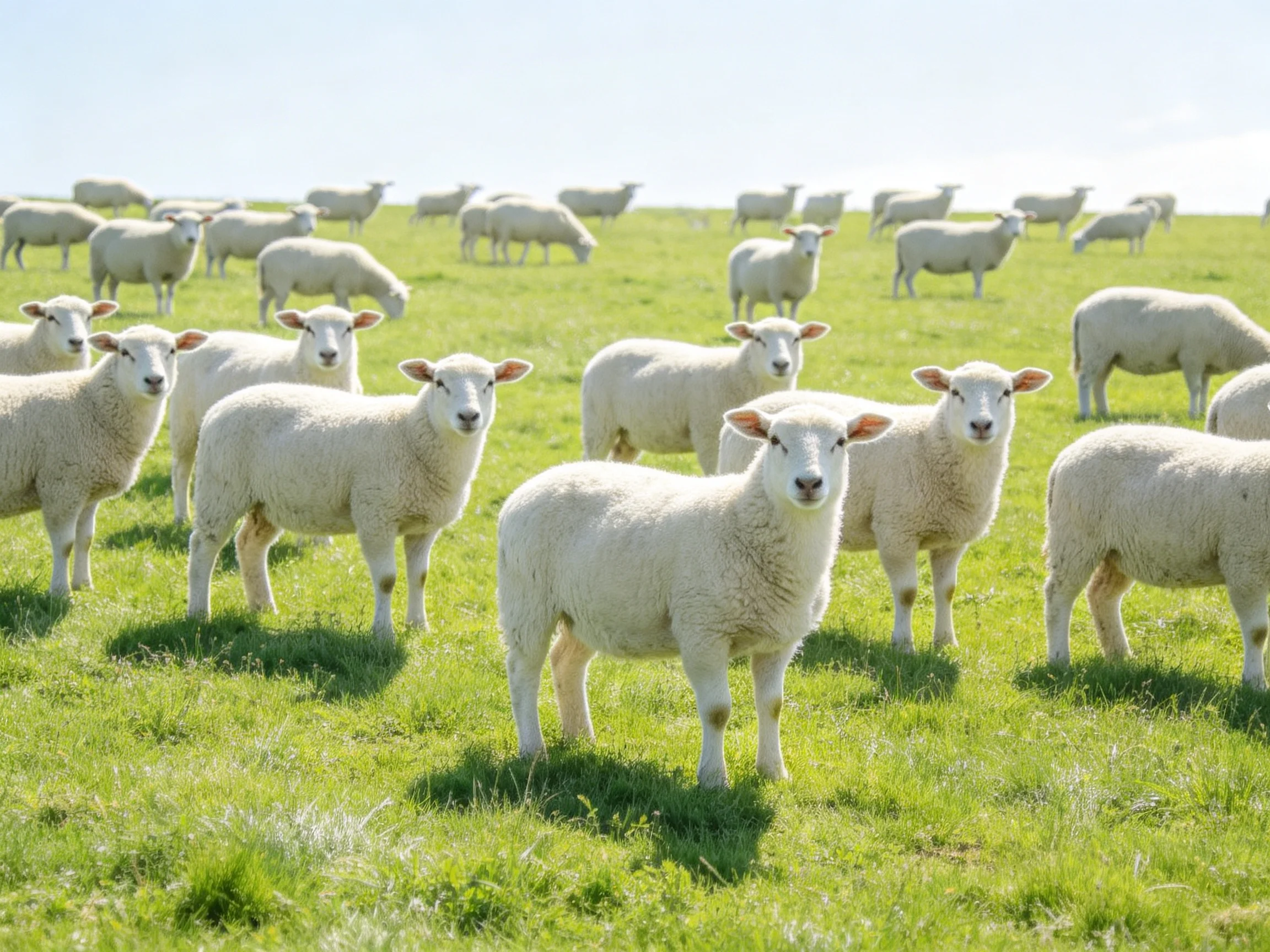 A large flock of white sheep grazing in a bright green pasture
