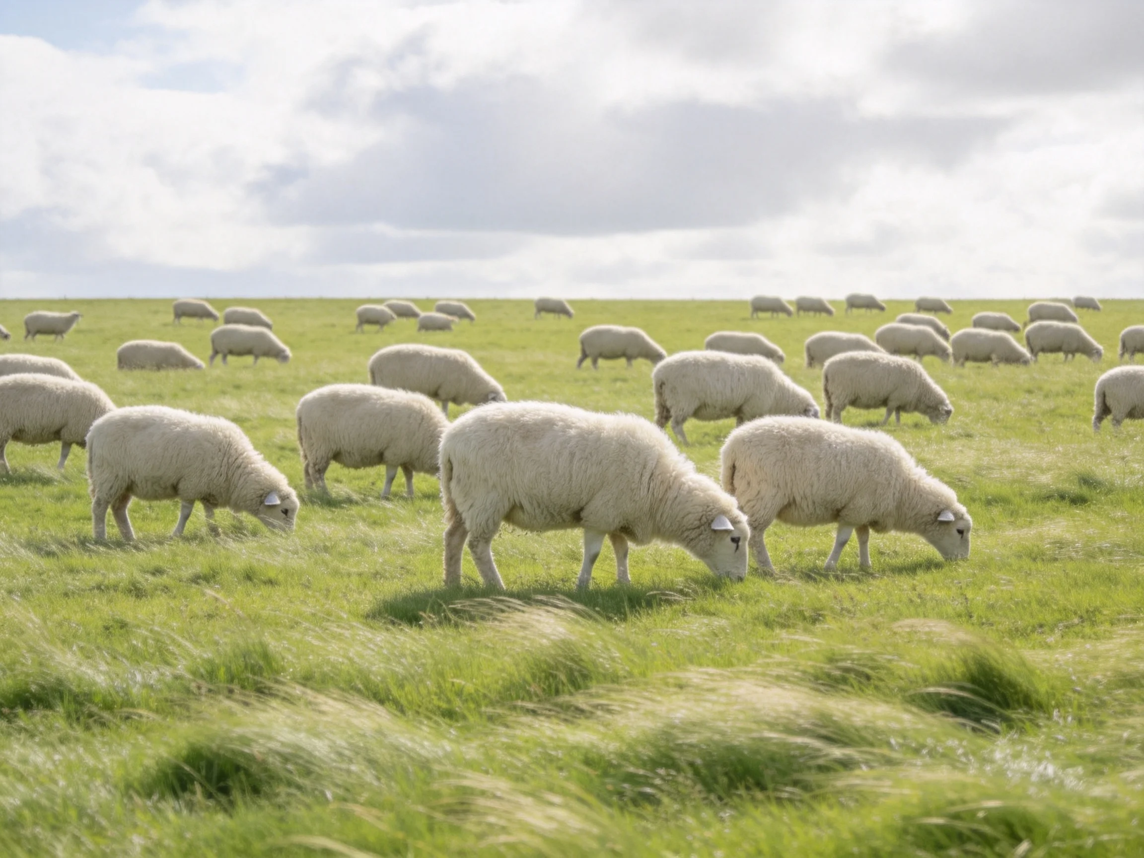 A large flock of white sheep grazing in a lush green meadow