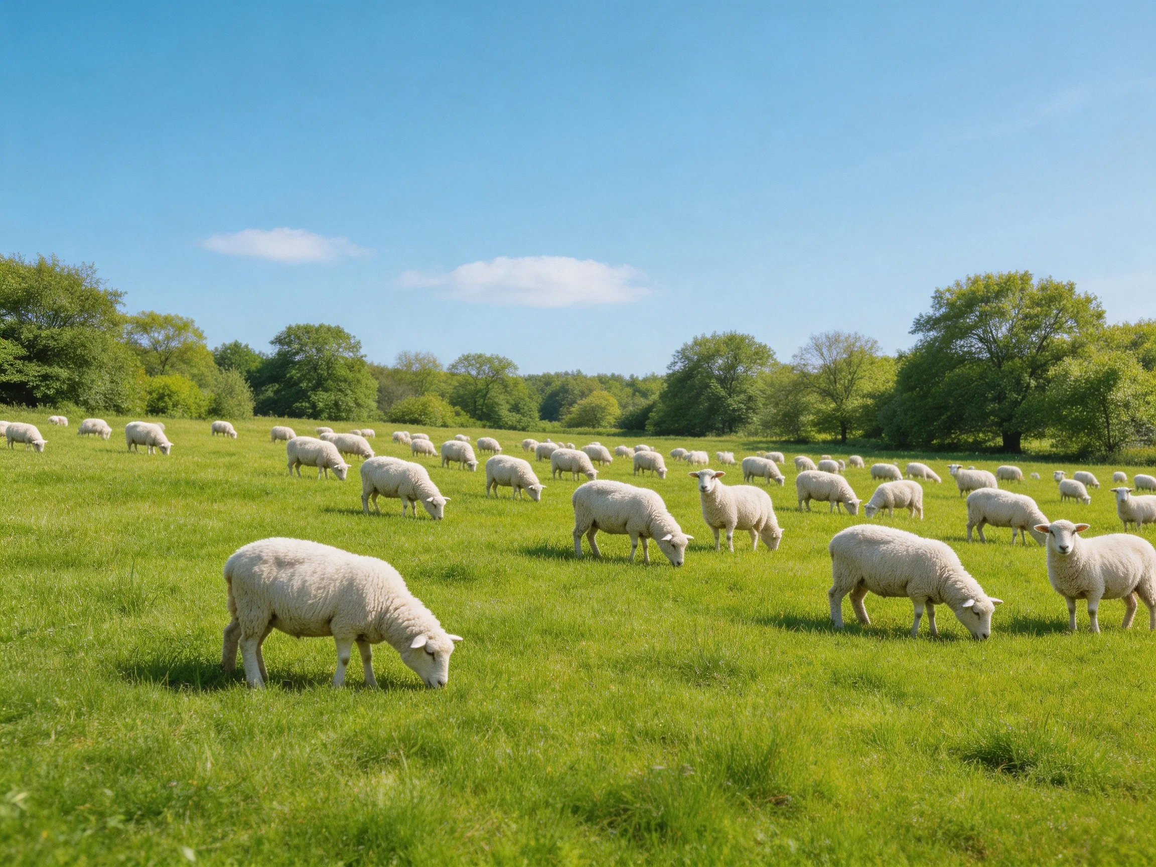 A large flock of white sheep grazing in a lush green meadow