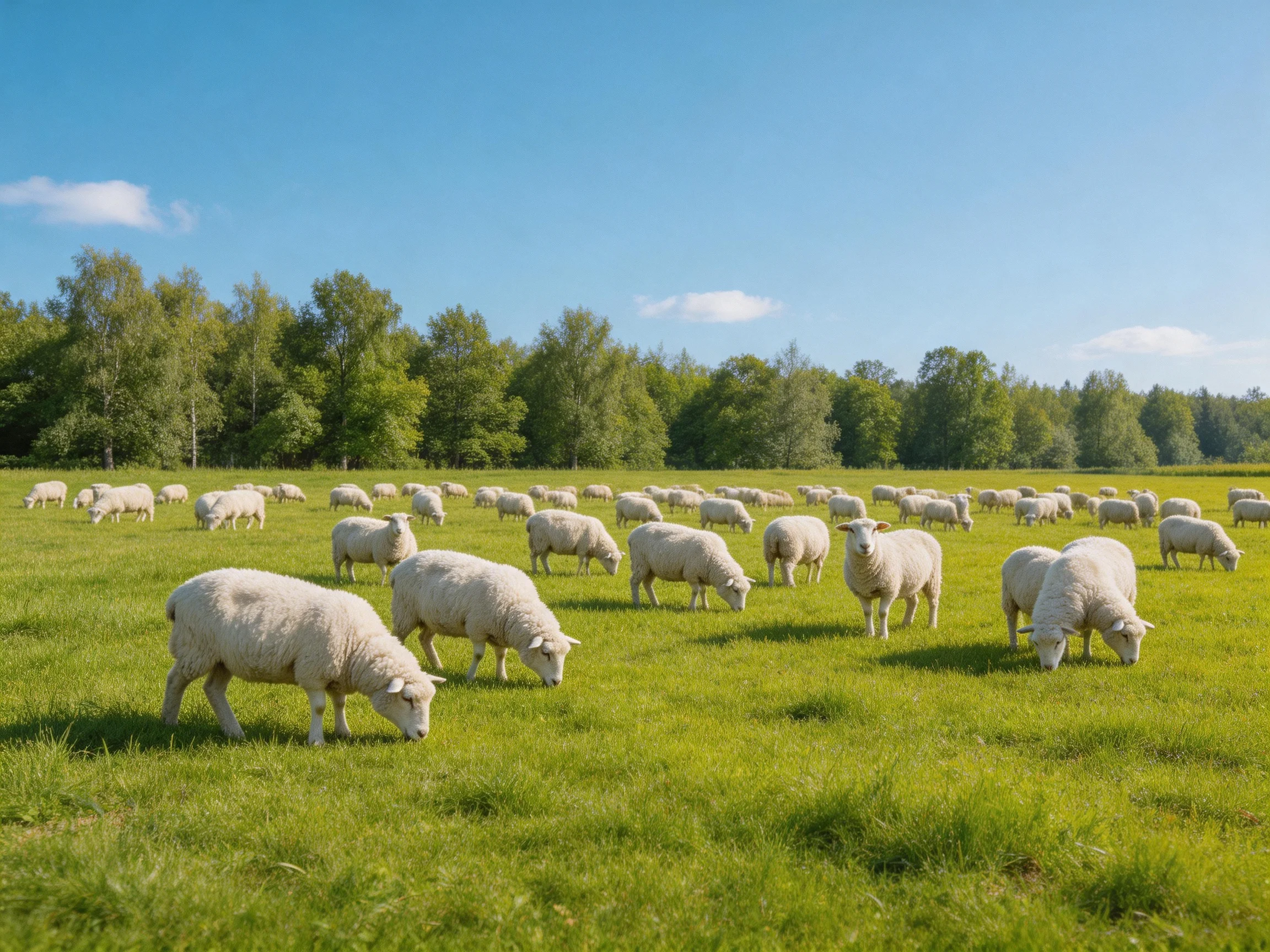 A large flock of white sheep grazing in a lush green meadow