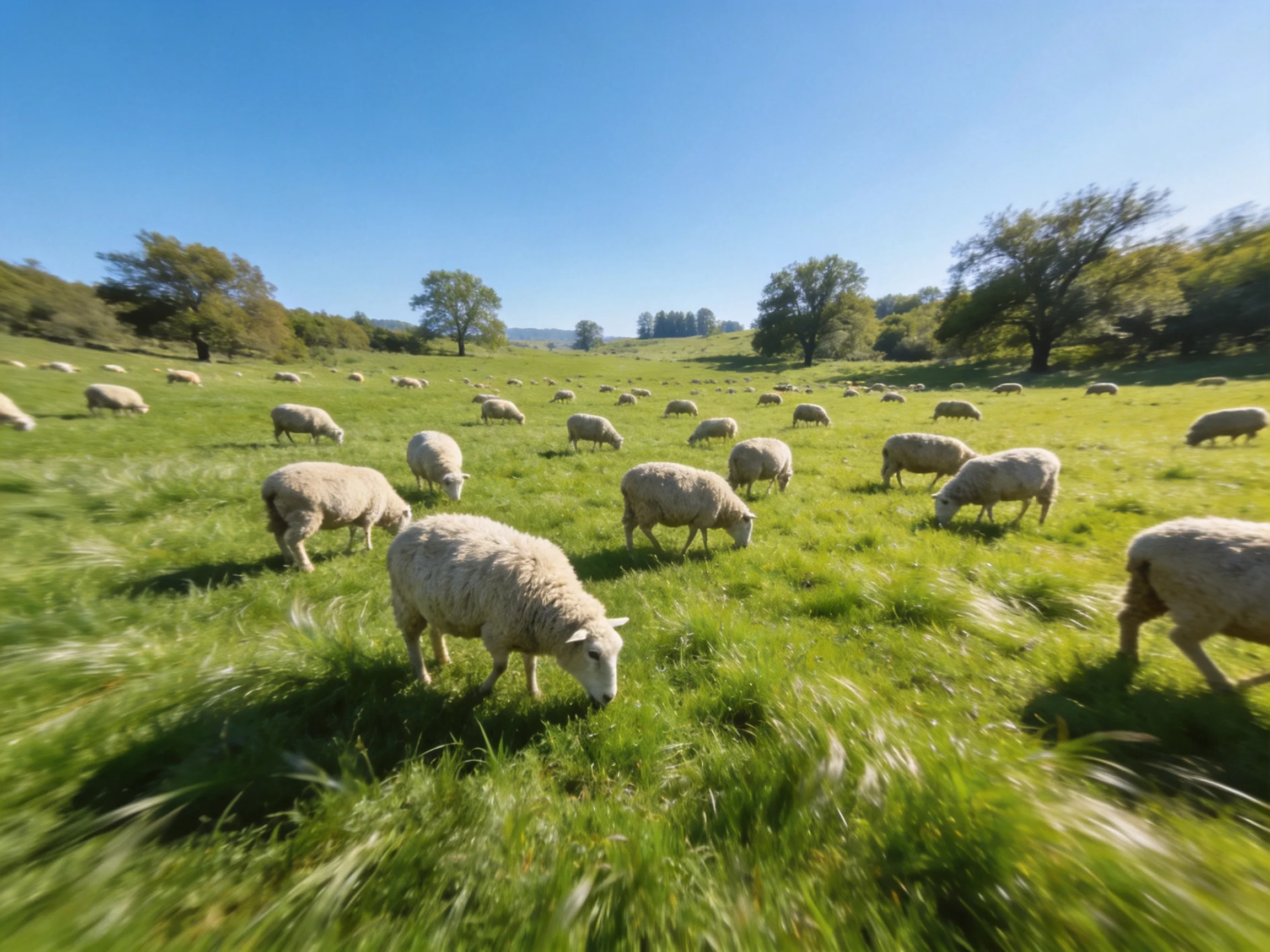 A large flock of white sheep grazing in a sunlit green pasture