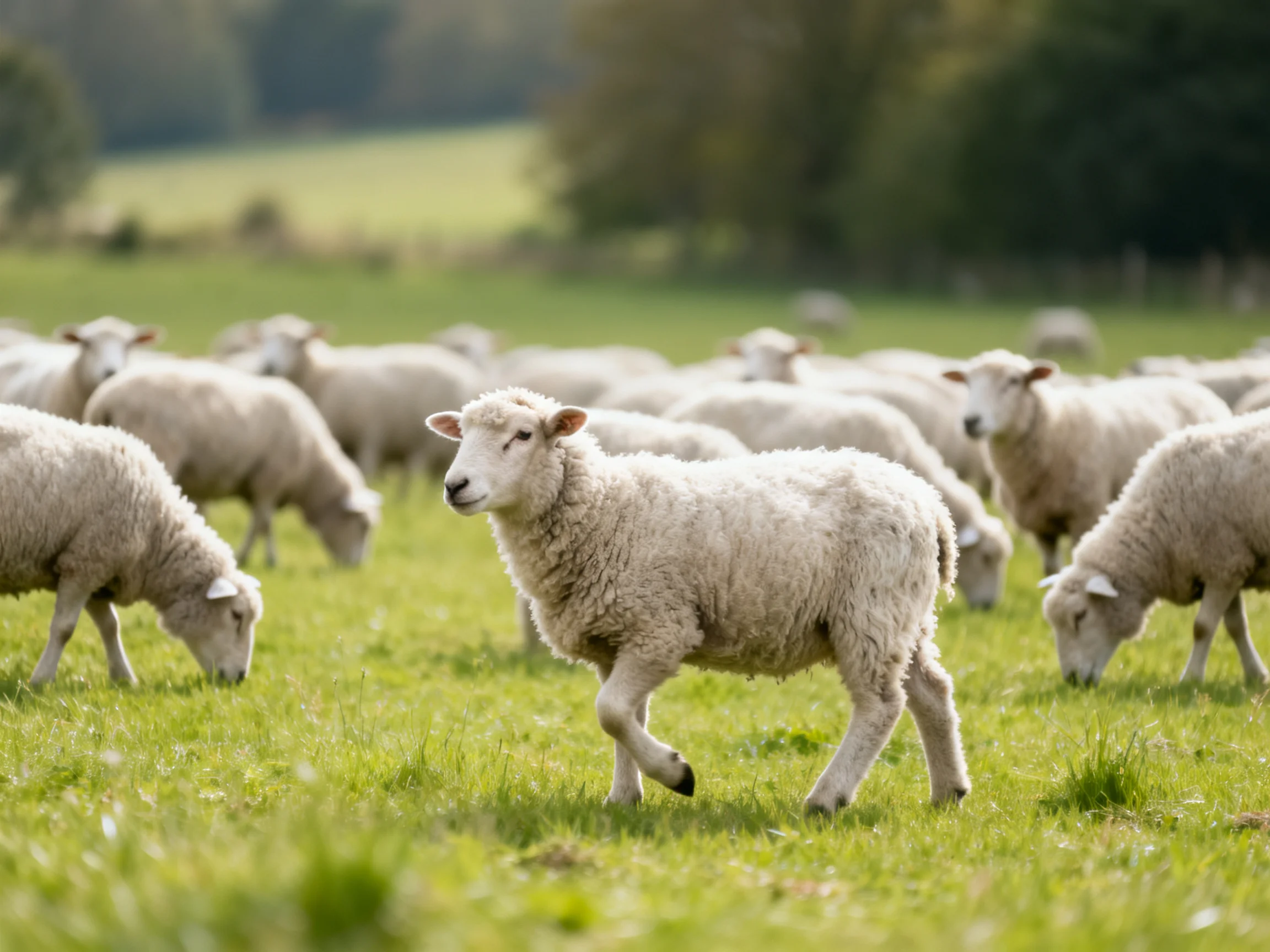 A large flock of white sheep grazing in a vibrant green pasture