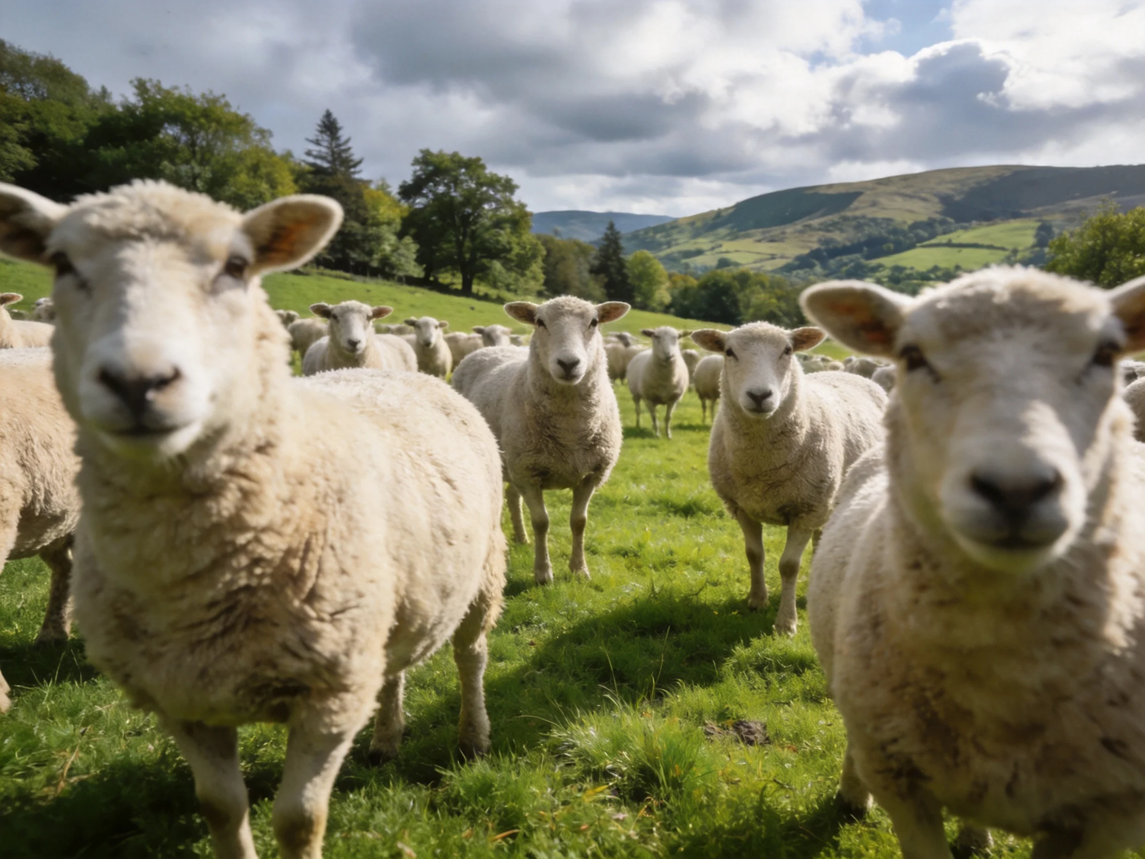 A large flock of white sheep in a lush green meadow with rolling hills