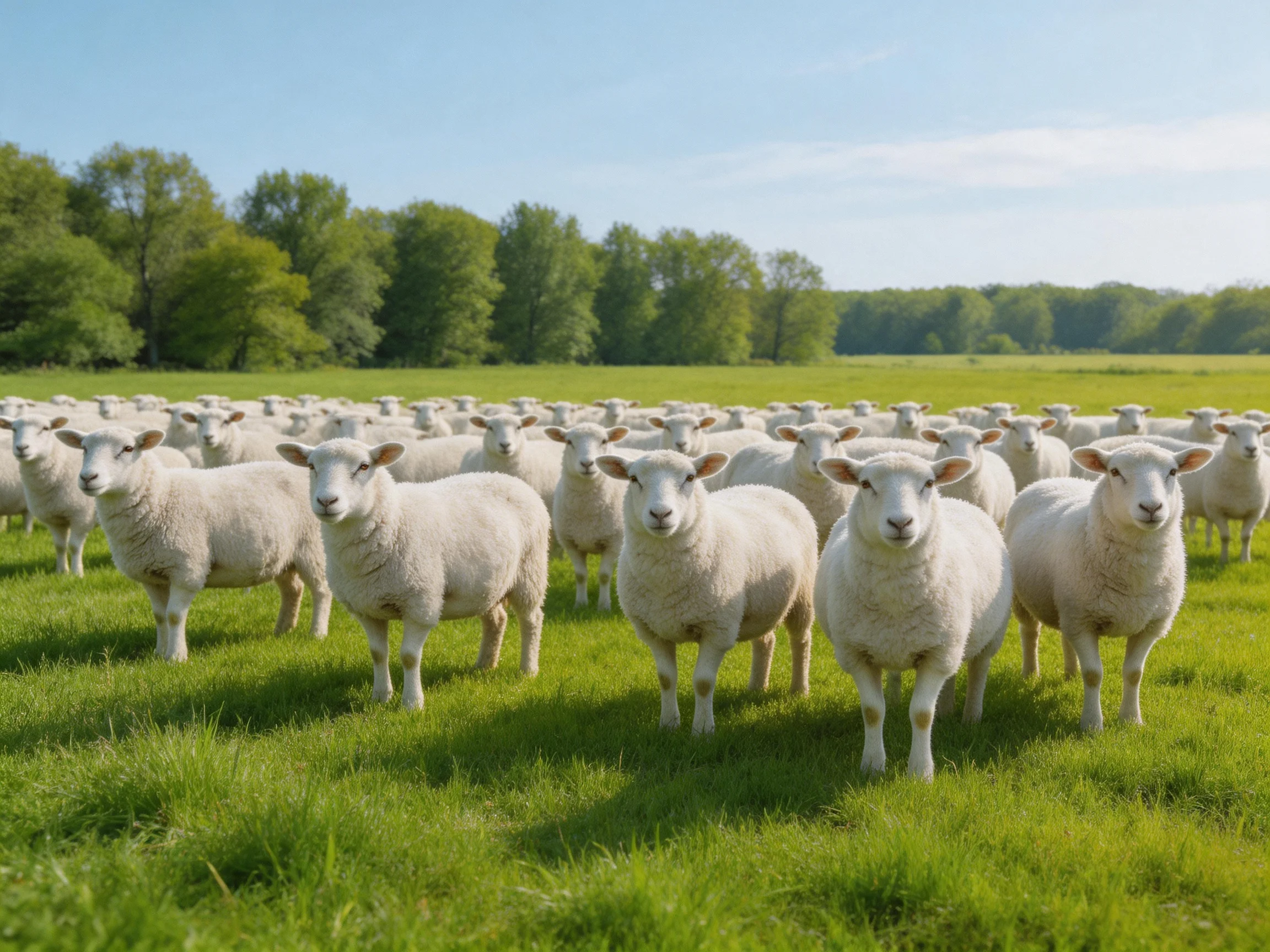 A flock of sheep gathers in a sunlit green pasture with trees in the distance.