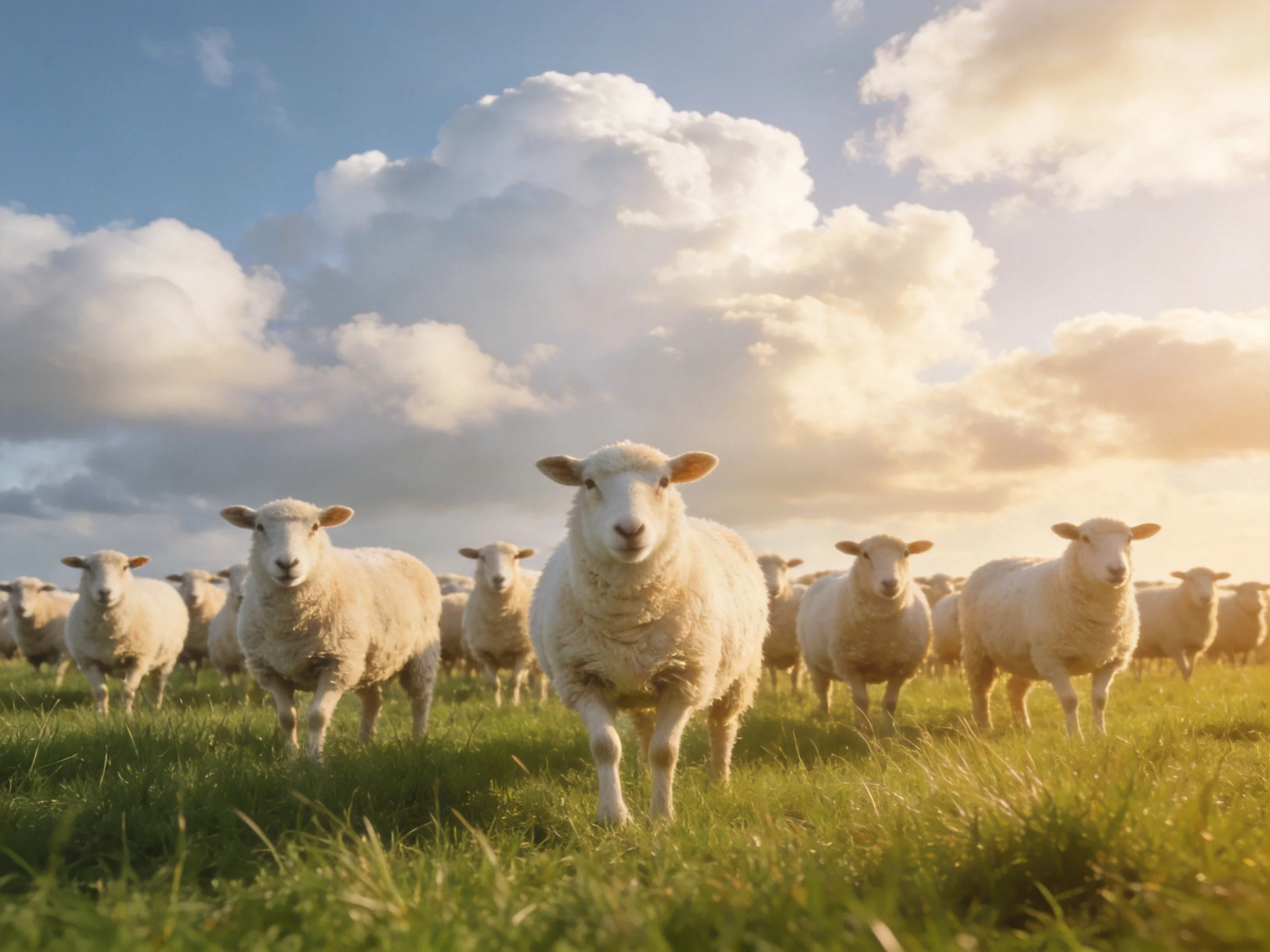 A large flock of white sheep in a sunlit green meadow