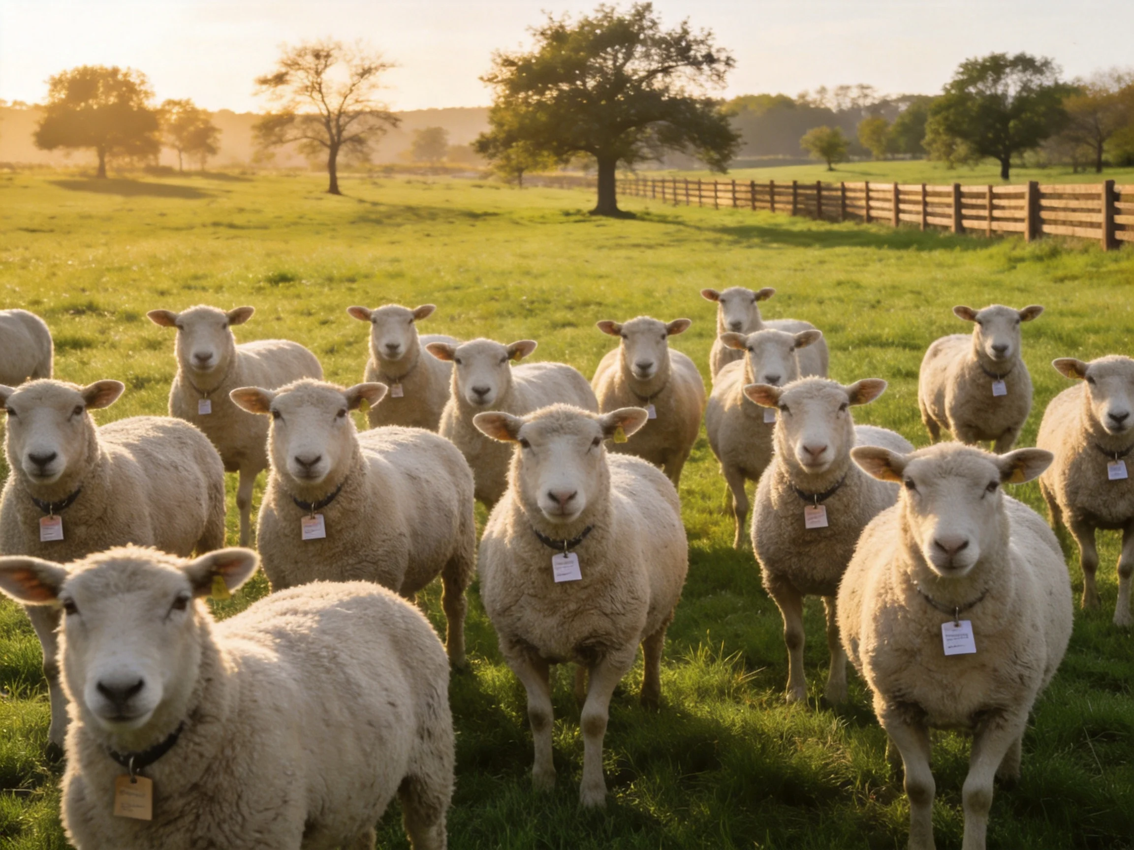 A large flock of white sheep in a sunlit green pasture