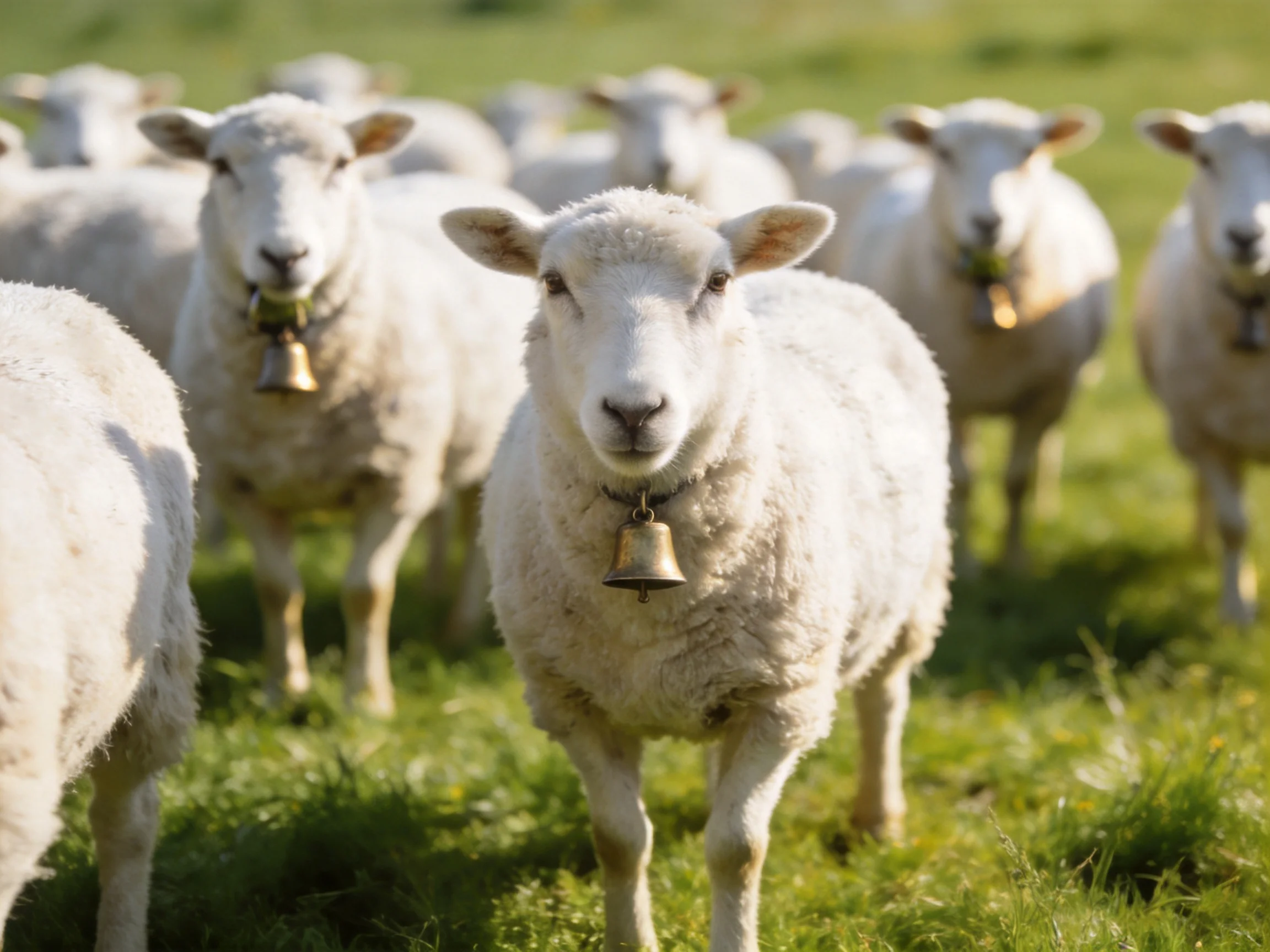 White sheep with brass bells gather in a sunlit pasture.