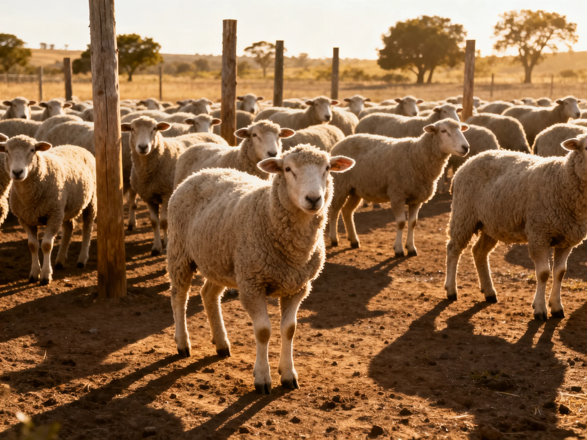A large flock of woolly sheep in a sunlit enclosure