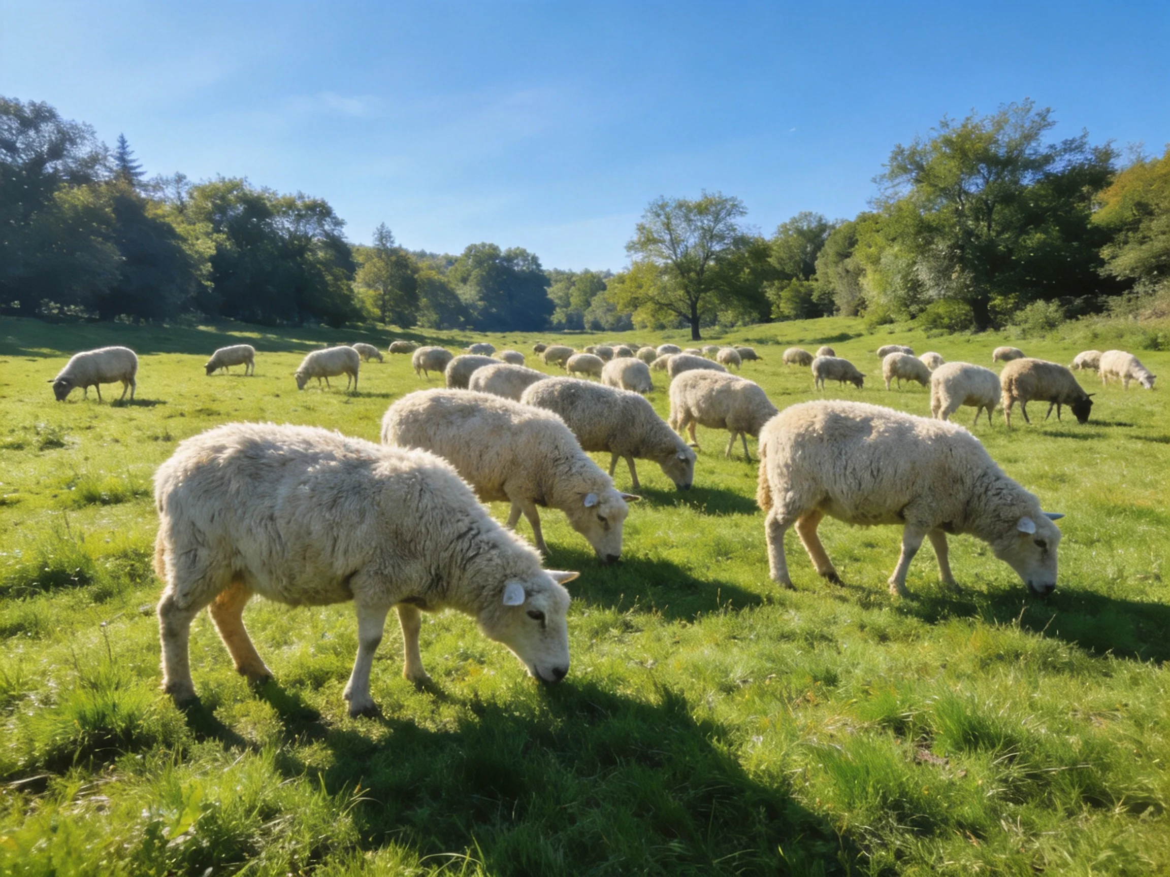 A large flock of woolly white sheep grazes in a sunlit green meadow