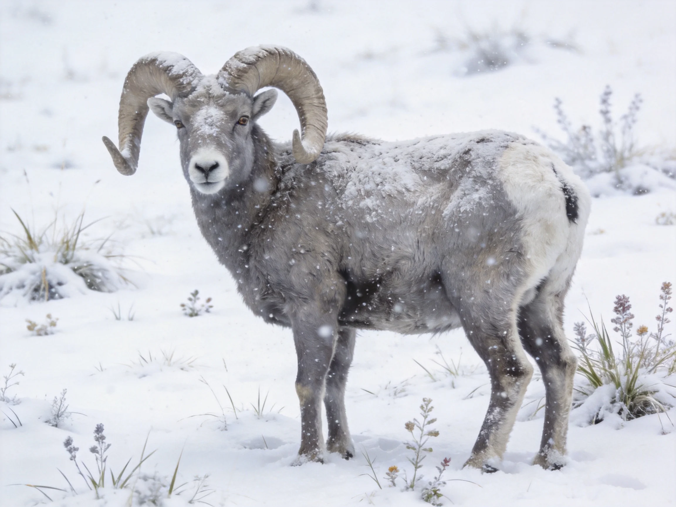 A large gray bighorn ram stands in a snowy landscape