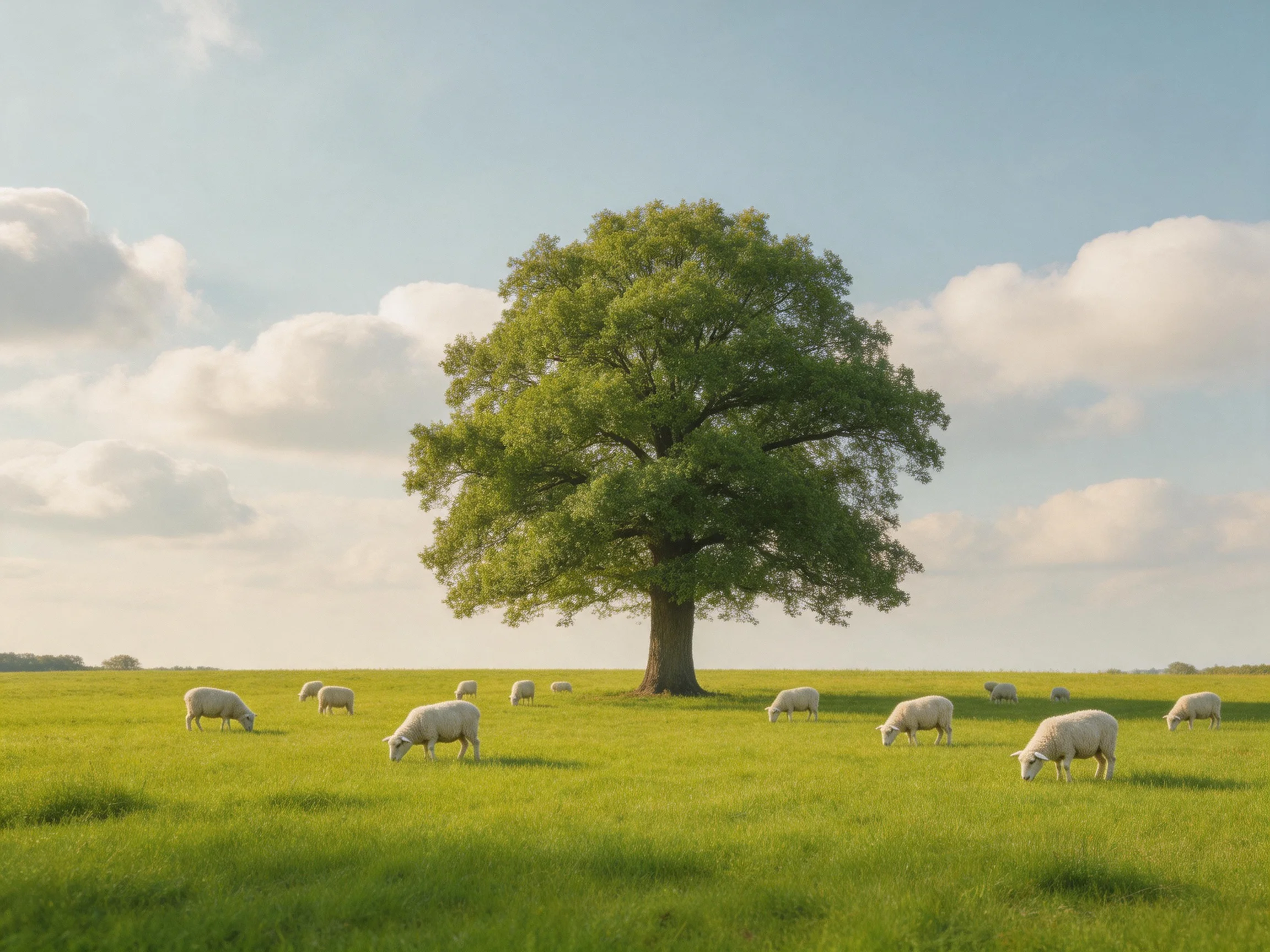 A large green oak tree surrounded by grazing sheep in a sunny meadow