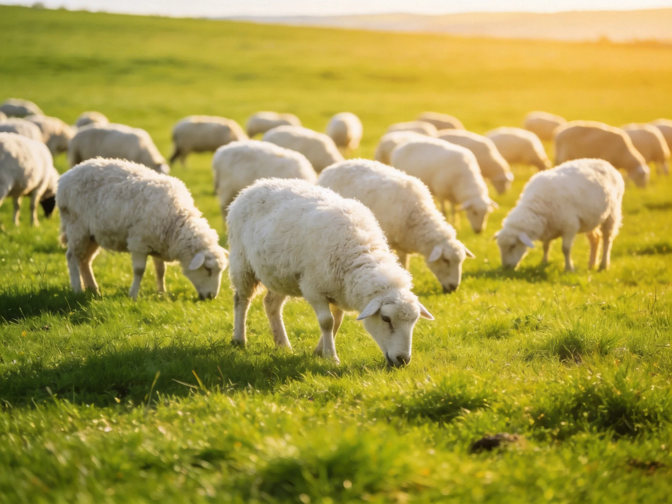 A large group of fluffy white sheep graze in a sunlit green pasture